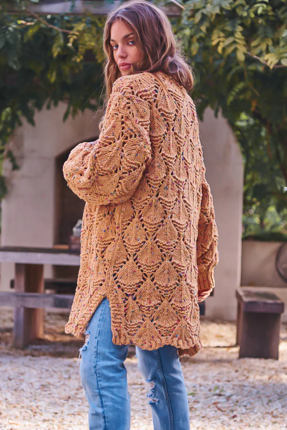 JAASE - Honour Cardigan: Rainbow Speck Open Knit Cardigan in Mustard - Image 6