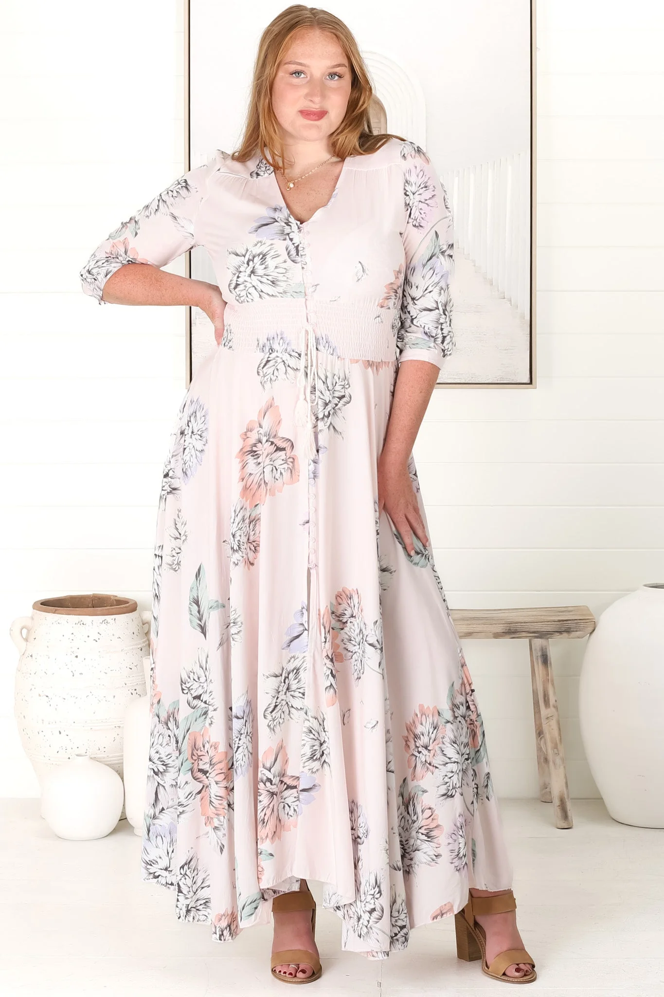 JAASE - Indiana Maxi Dress: Lace Back Shirred Waist A Line Dress with Handkerchief Hemline in Blooming Bouquet Print - Image 3