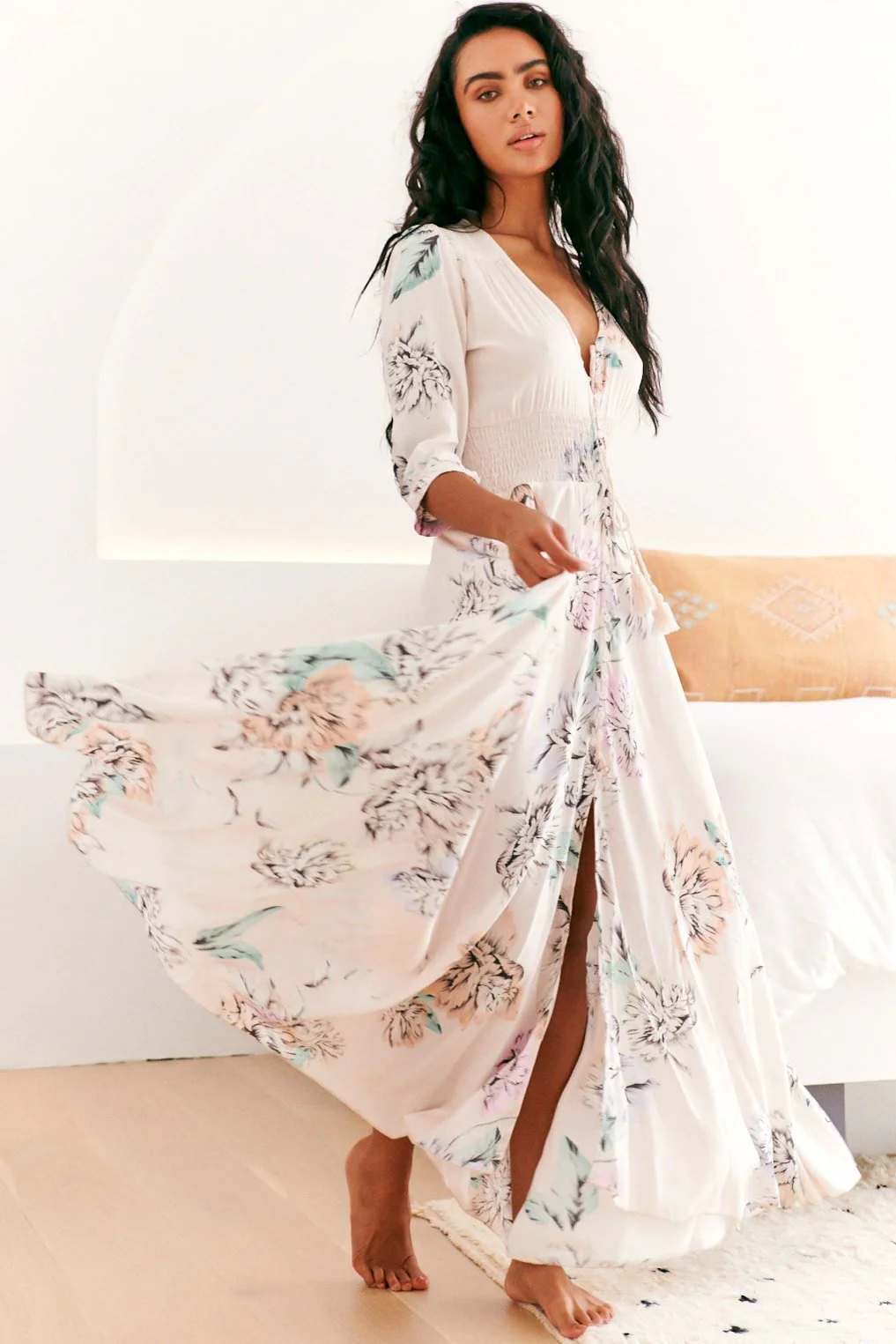 JAASE - Indiana Maxi Dress: Lace Back Shirred Waist A Line Dress with Handkerchief Hemline in Blooming Bouquet Print - Image 4