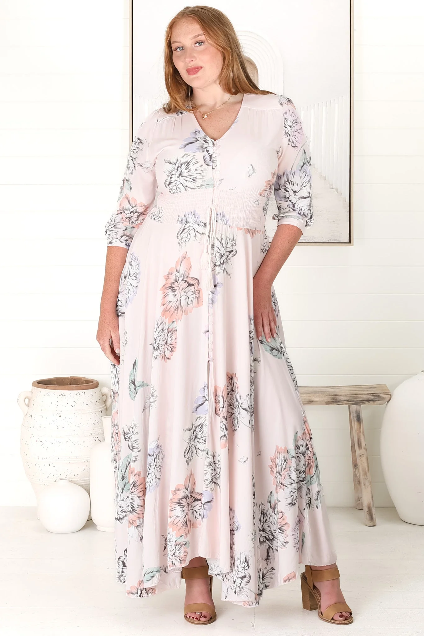 JAASE - Indiana Maxi Dress: Lace Back Shirred Waist A Line Dress with Handkerchief Hemline in Blooming Bouquet Print - Image 5