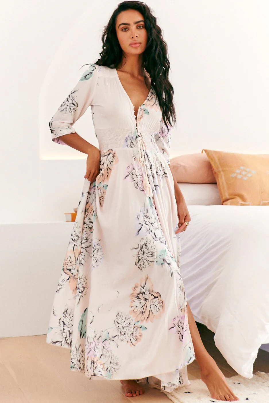 JAASE - Indiana Maxi Dress: Lace Back Shirred Waist A Line Dress with Handkerchief Hemline in Blooming Bouquet Print - Image 6