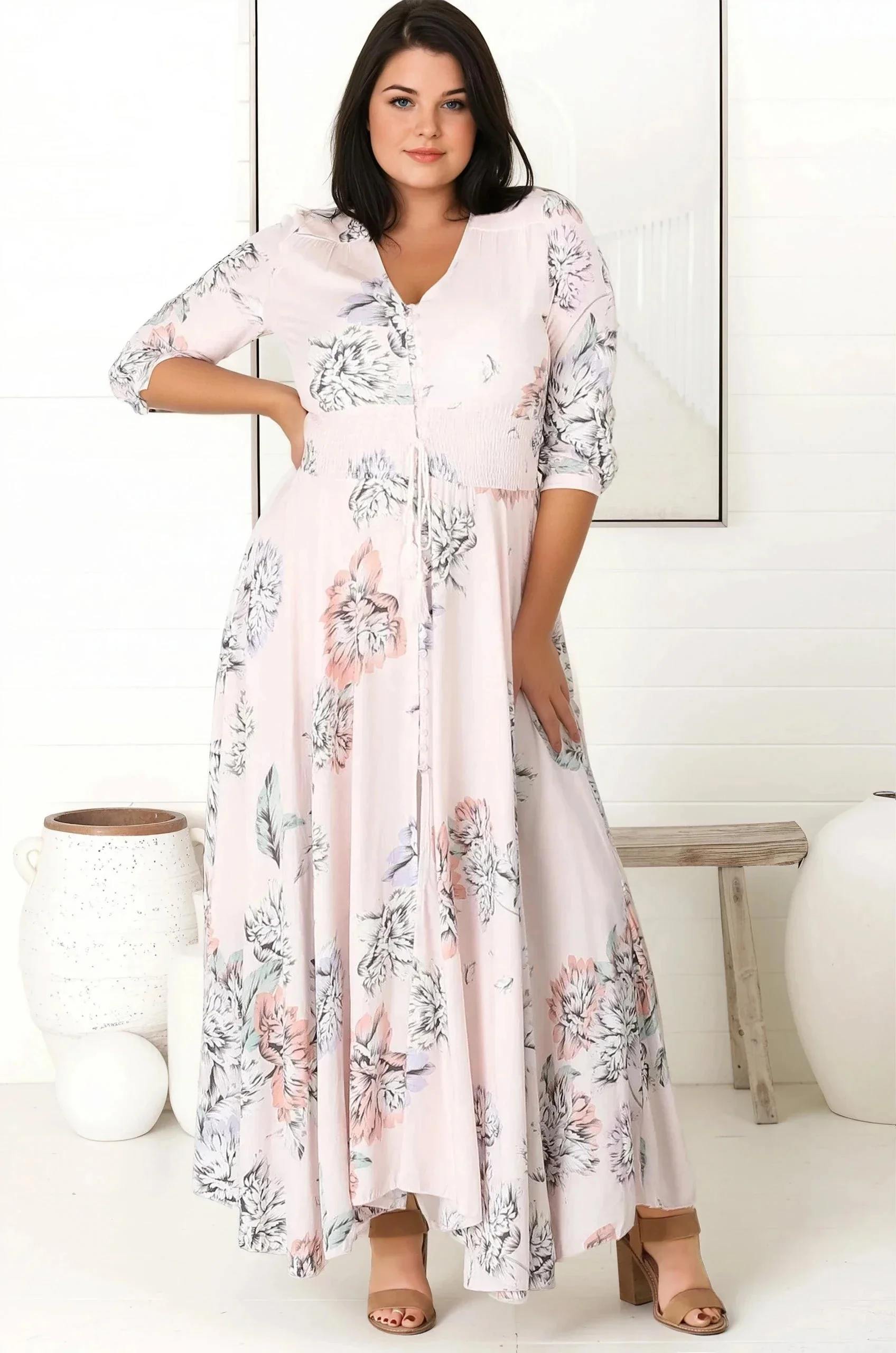 JAASE - Indiana Maxi Dress: Lace Back Shirred Waist A Line Dress with Handkerchief Hemline in Blooming Bouquet Print - Image 7