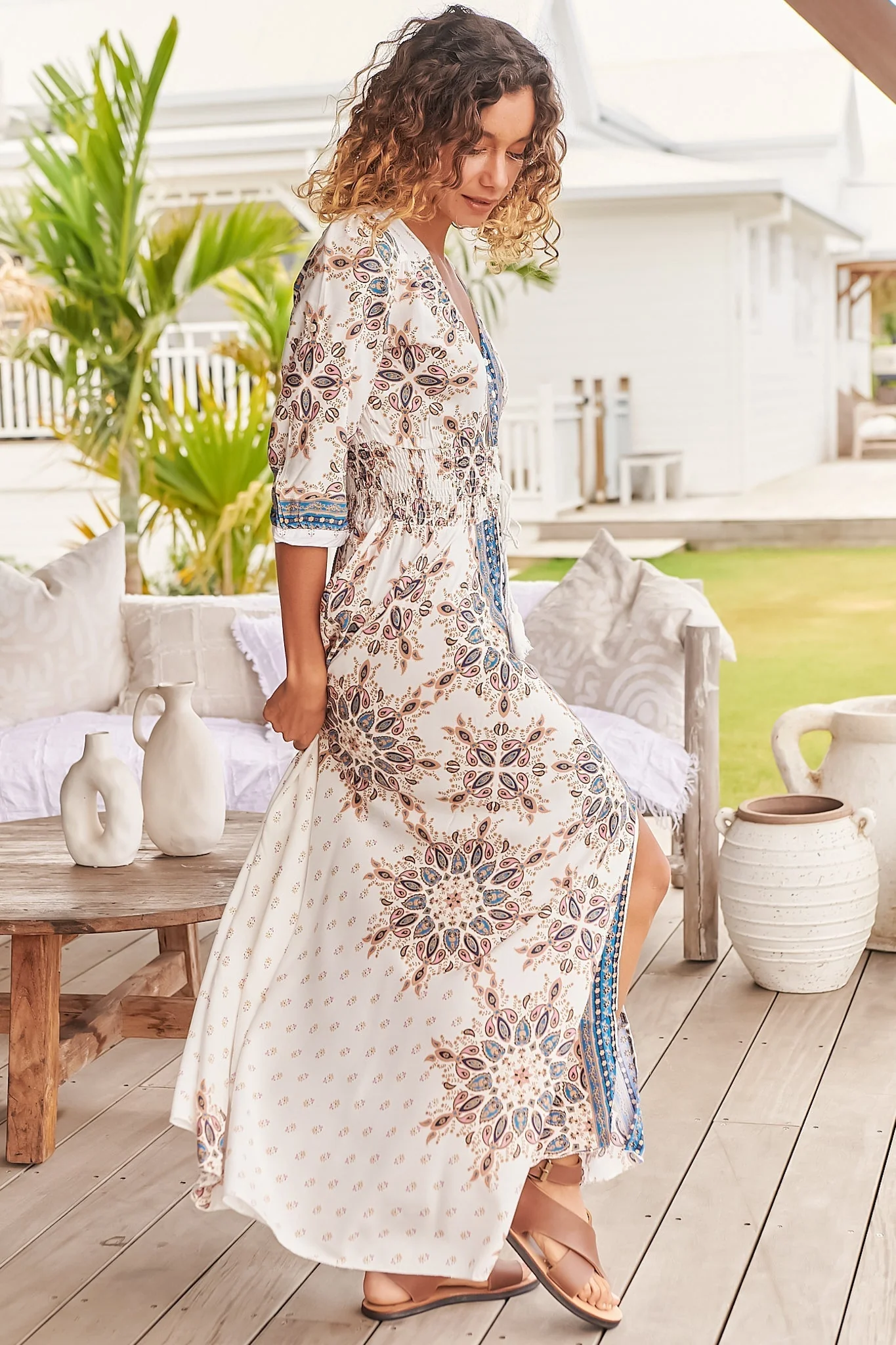 JAASE - Indiana Maxi Dress: Lace Back Shirred Waist A Line Dress with Handkerchief Hemline in Gemstone Print - Image 12
