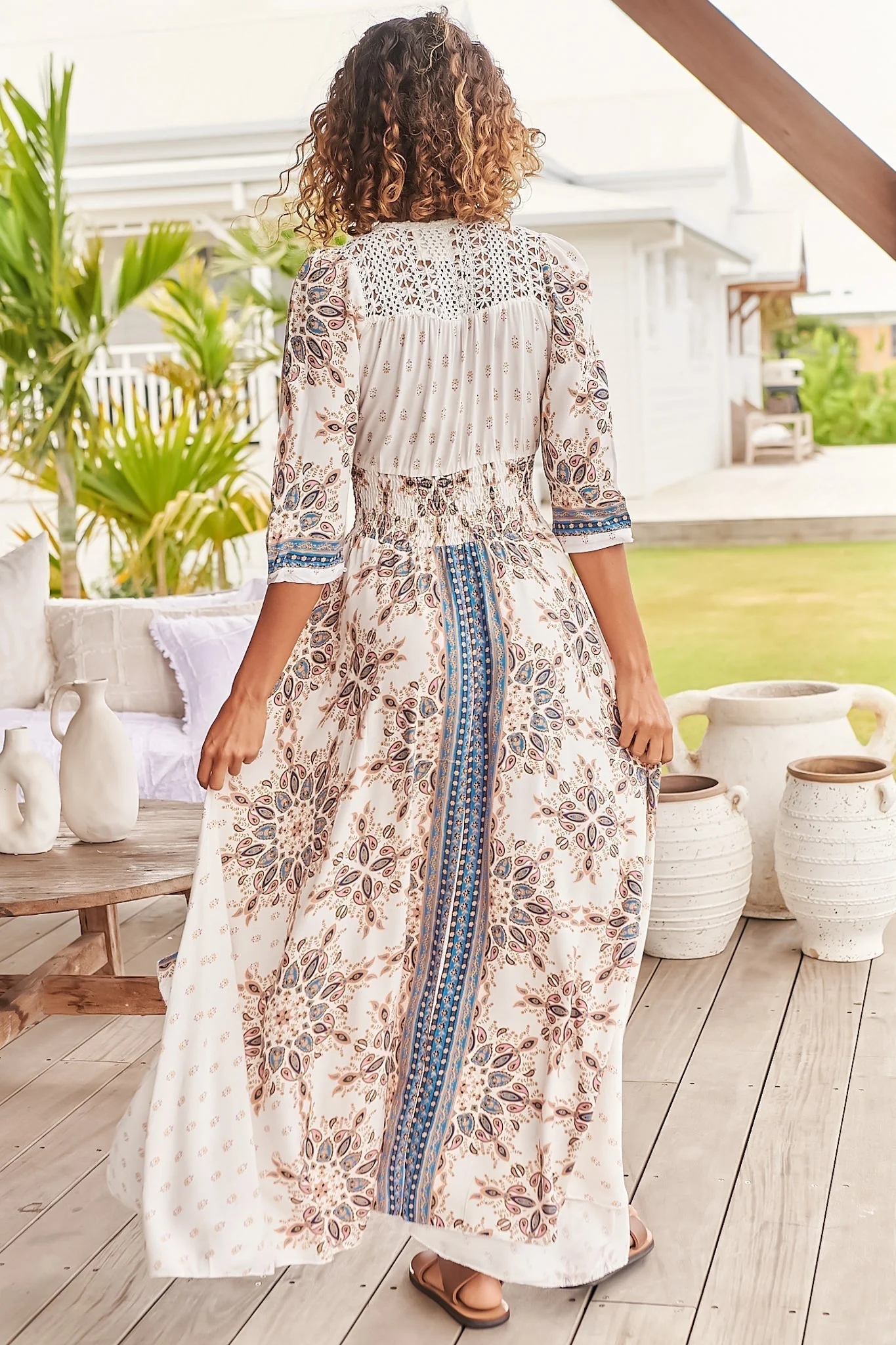 JAASE - Indiana Maxi Dress: Lace Back Shirred Waist A Line Dress with Handkerchief Hemline in Gemstone Print - Image 13