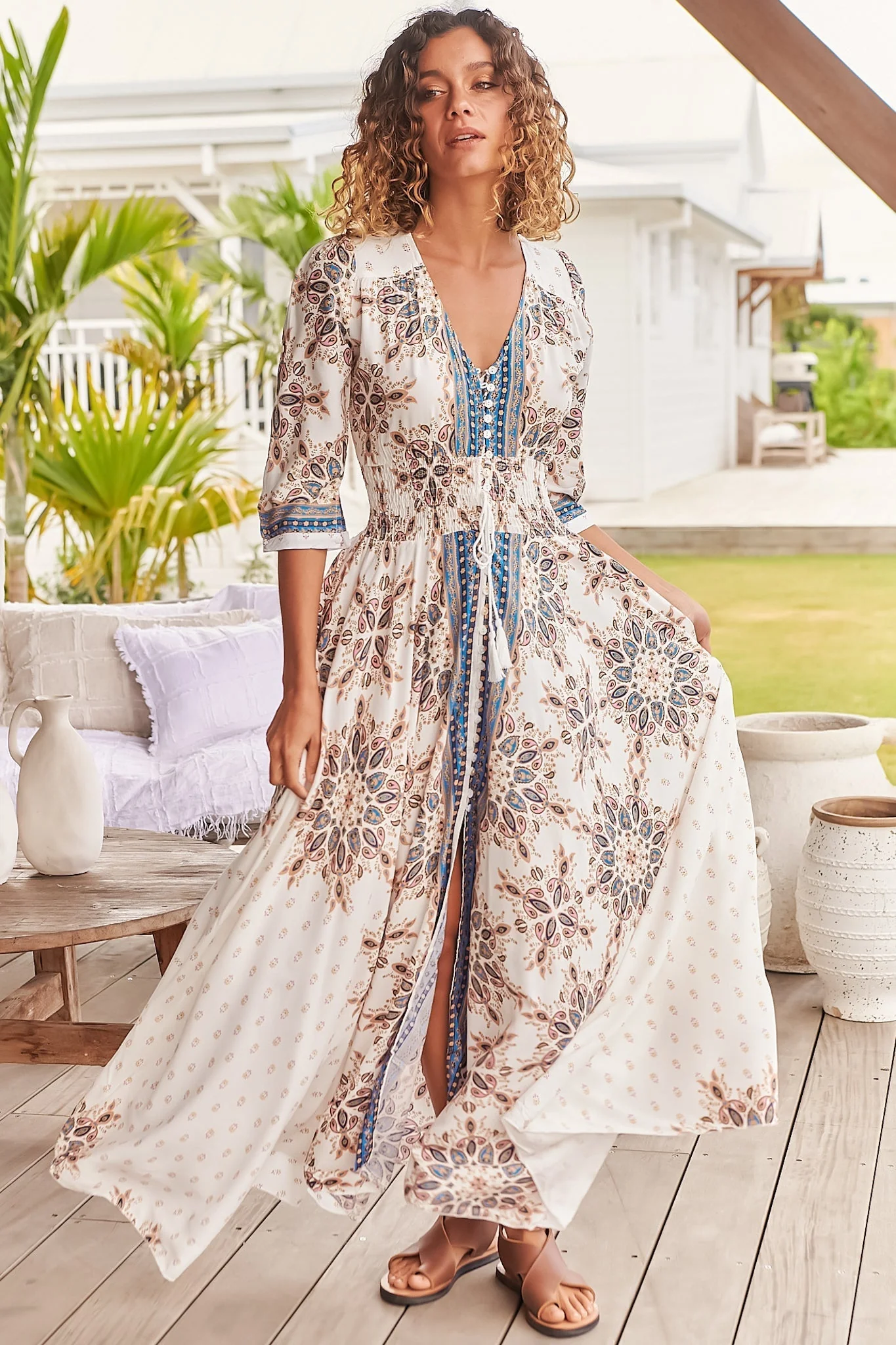 JAASE - Indiana Maxi Dress: Lace Back Shirred Waist A Line Dress with Handkerchief Hemline in Gemstone Print - Image 6