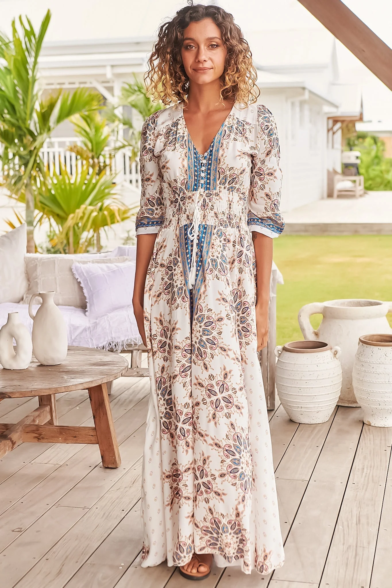 JAASE - Indiana Maxi Dress: Lace Back Shirred Waist A Line Dress with Handkerchief Hemline in Gemstone Print - Image 8