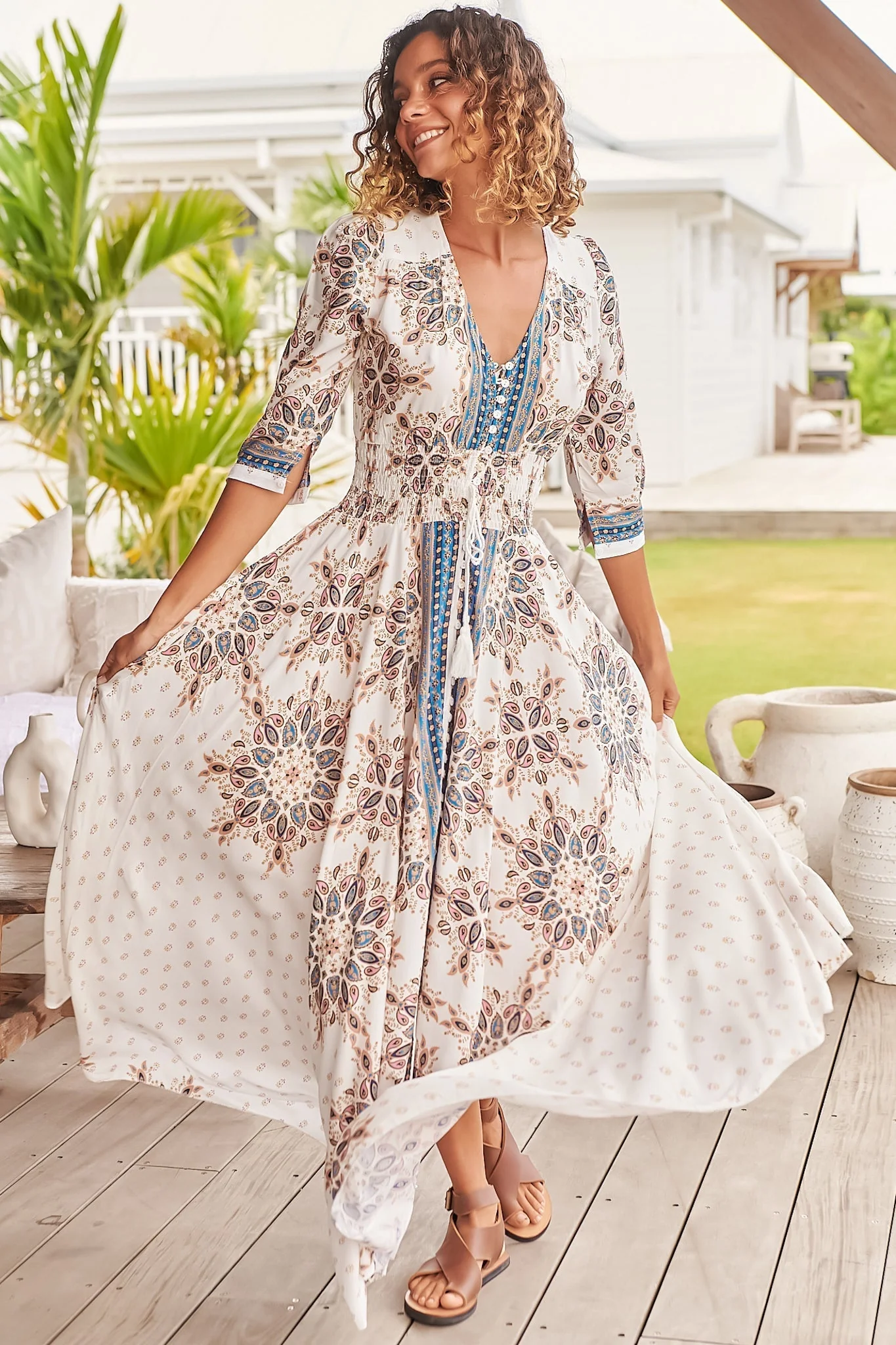 JAASE - Indiana Maxi Dress: Lace Back Shirred Waist A Line Dress with Handkerchief Hemline in Gemstone Print - Image 9