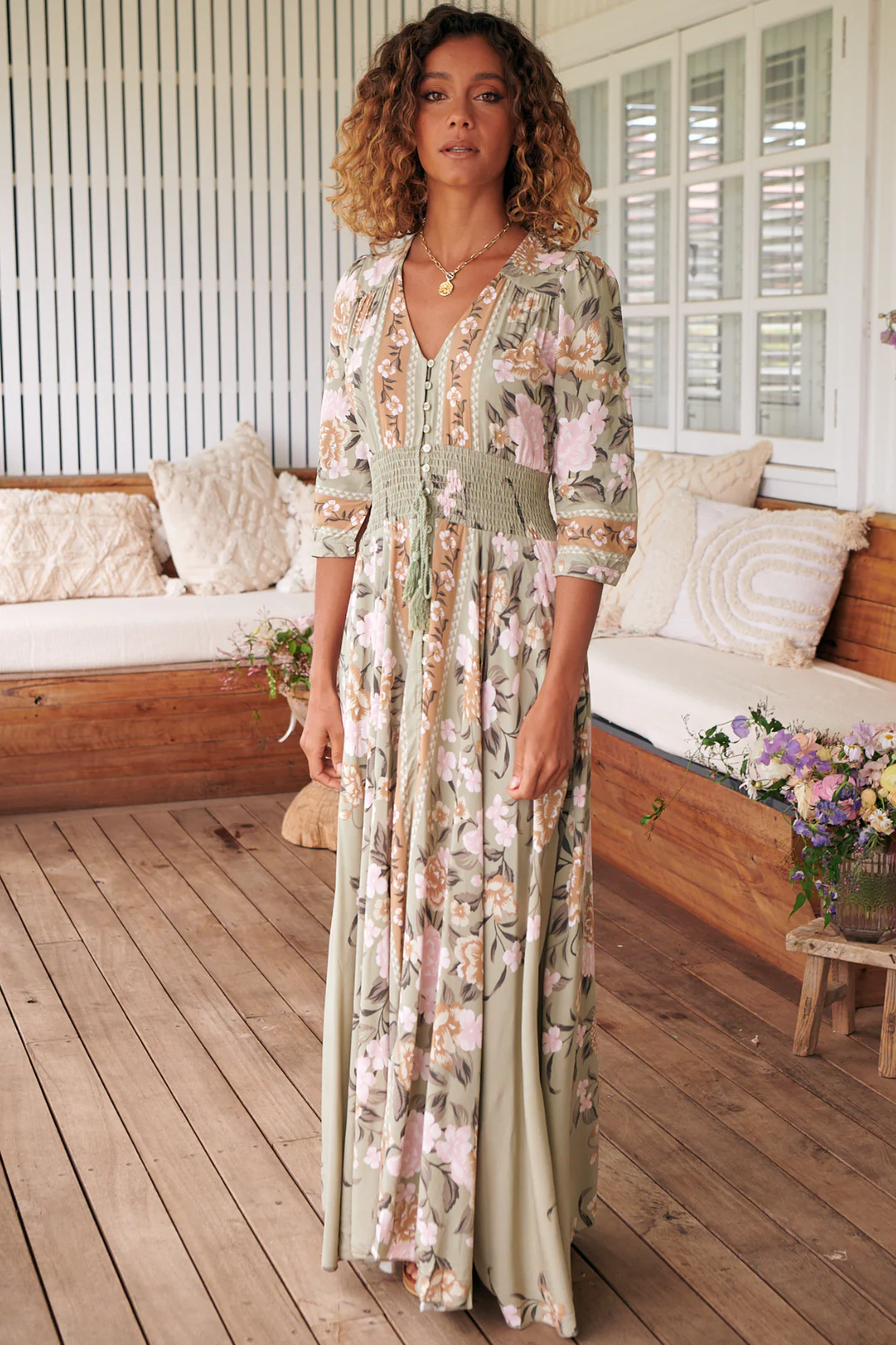 JAASE - Indiana Maxi Dress: Lace Back Shirred Waist A Line Dress with Handkerchief Hemline in Adore You Print - Image 4