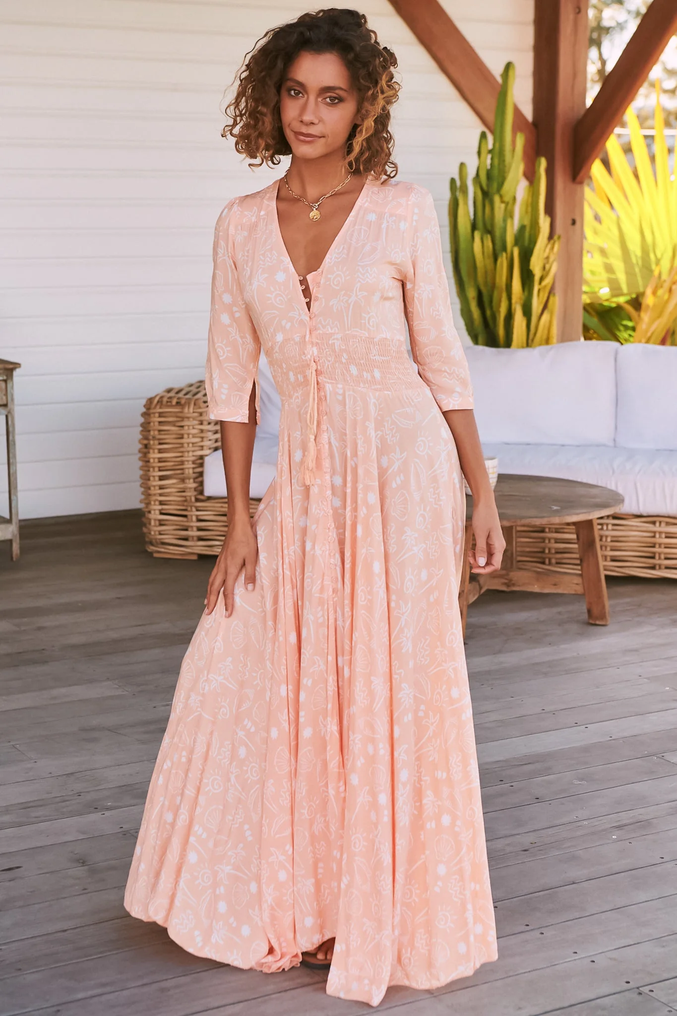JAASE - Indiana Maxi Dress: Lace Back Shirred Waist A Line Dress with Handkerchief Hemline in Peach Island Print - Image 3