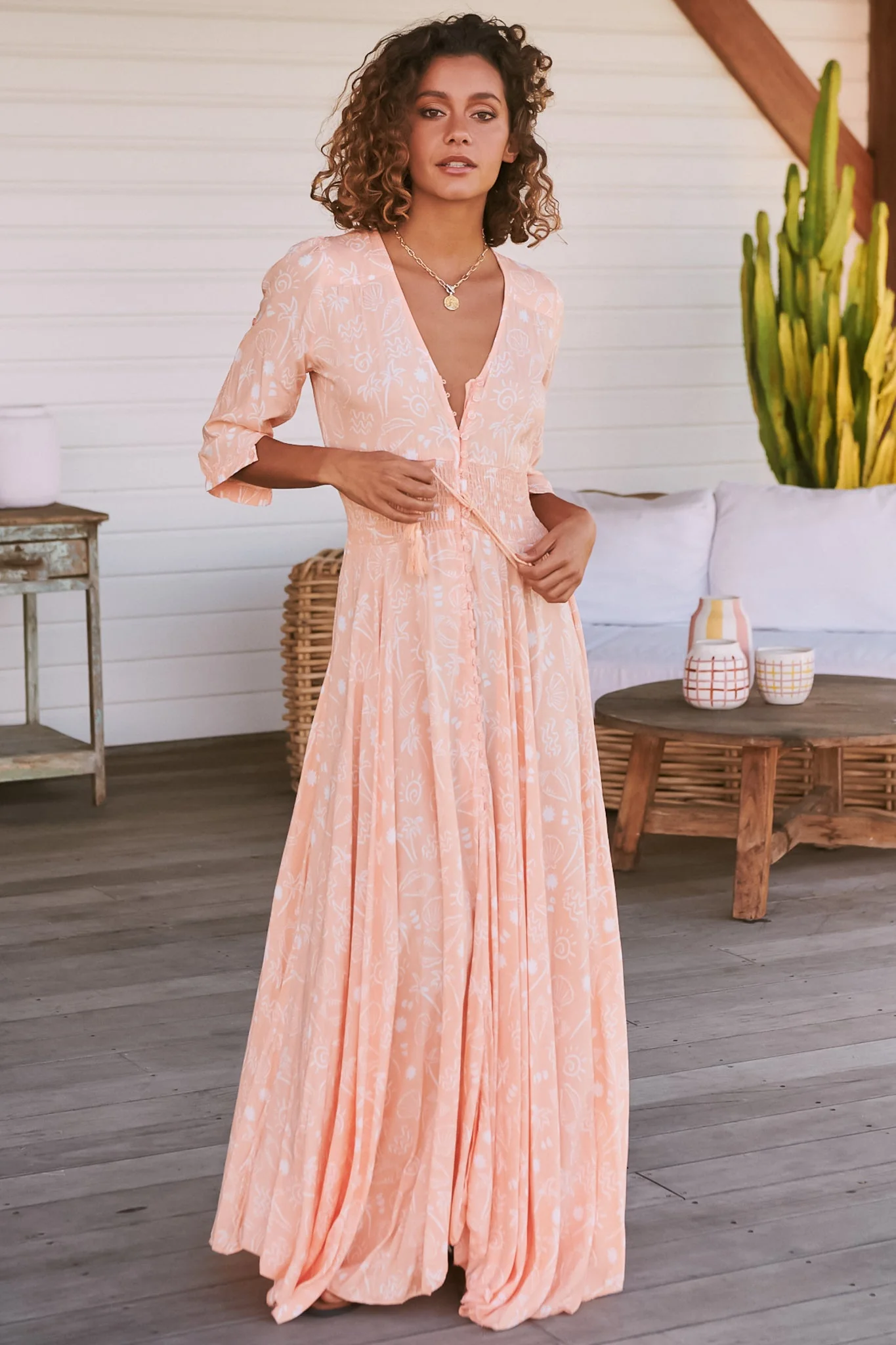 JAASE - Indiana Maxi Dress: Lace Back Shirred Waist A Line Dress with Handkerchief Hemline in Peach Island Print - Image 4