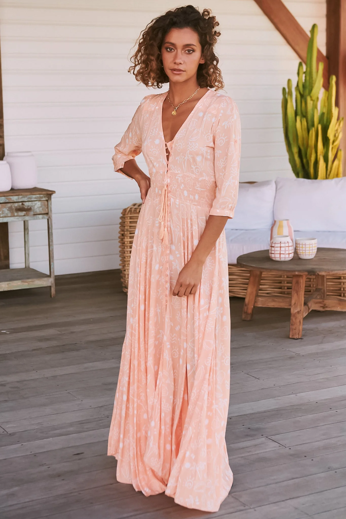 JAASE - Indiana Maxi Dress: Lace Back Shirred Waist A Line Dress with Handkerchief Hemline in Peach Island Print - Image 5