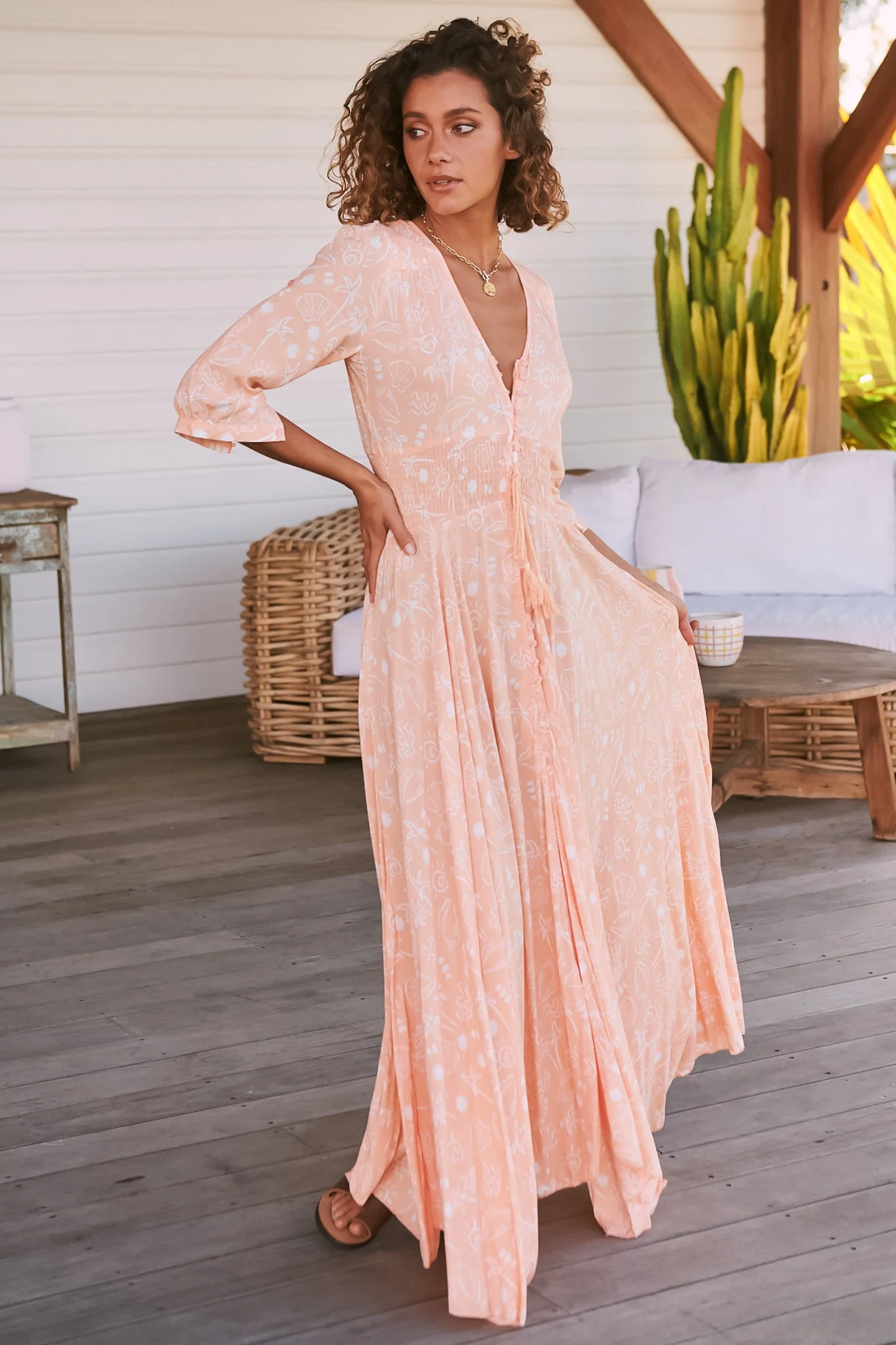 JAASE - Indiana Maxi Dress: Lace Back Shirred Waist A Line Dress with Handkerchief Hemline in Peach Island Print - Image 6