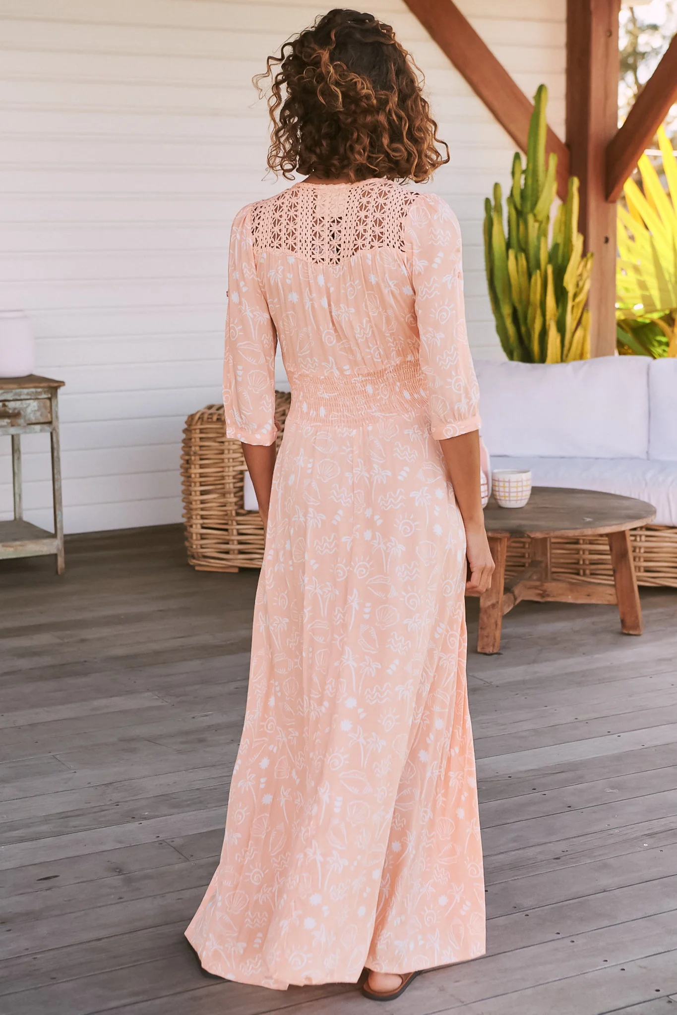 JAASE - Indiana Maxi Dress: Lace Back Shirred Waist A Line Dress with Handkerchief Hemline in Peach Island Print - Image 7