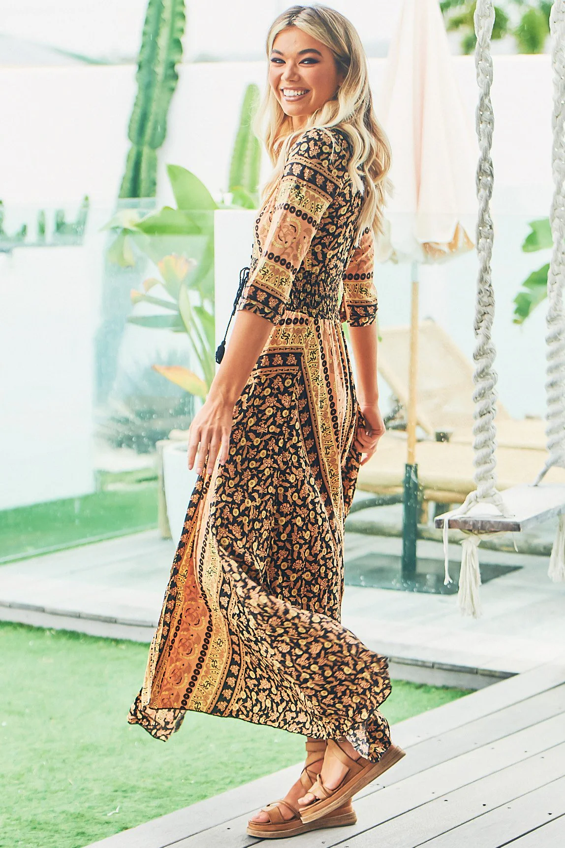 JAASE - Indiana Maxi Dress: Lace Back Shirred Waist A Line Dress with Handkerchief Hemline in Queen of the Night Print - Image 5