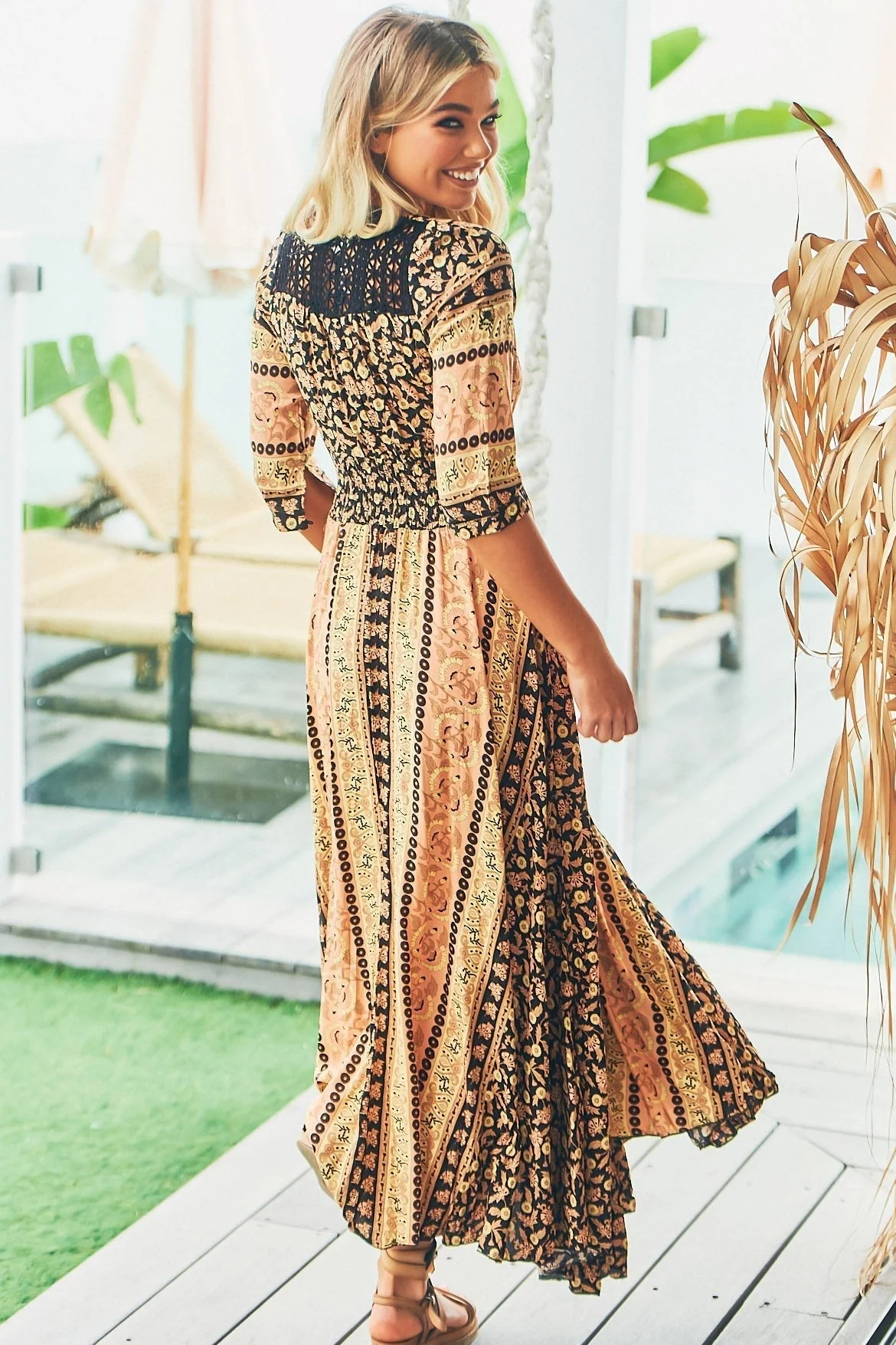 JAASE - Indiana Maxi Dress: Lace Back Shirred Waist A Line Dress with Handkerchief Hemline in Queen of the Night Print - Image 6