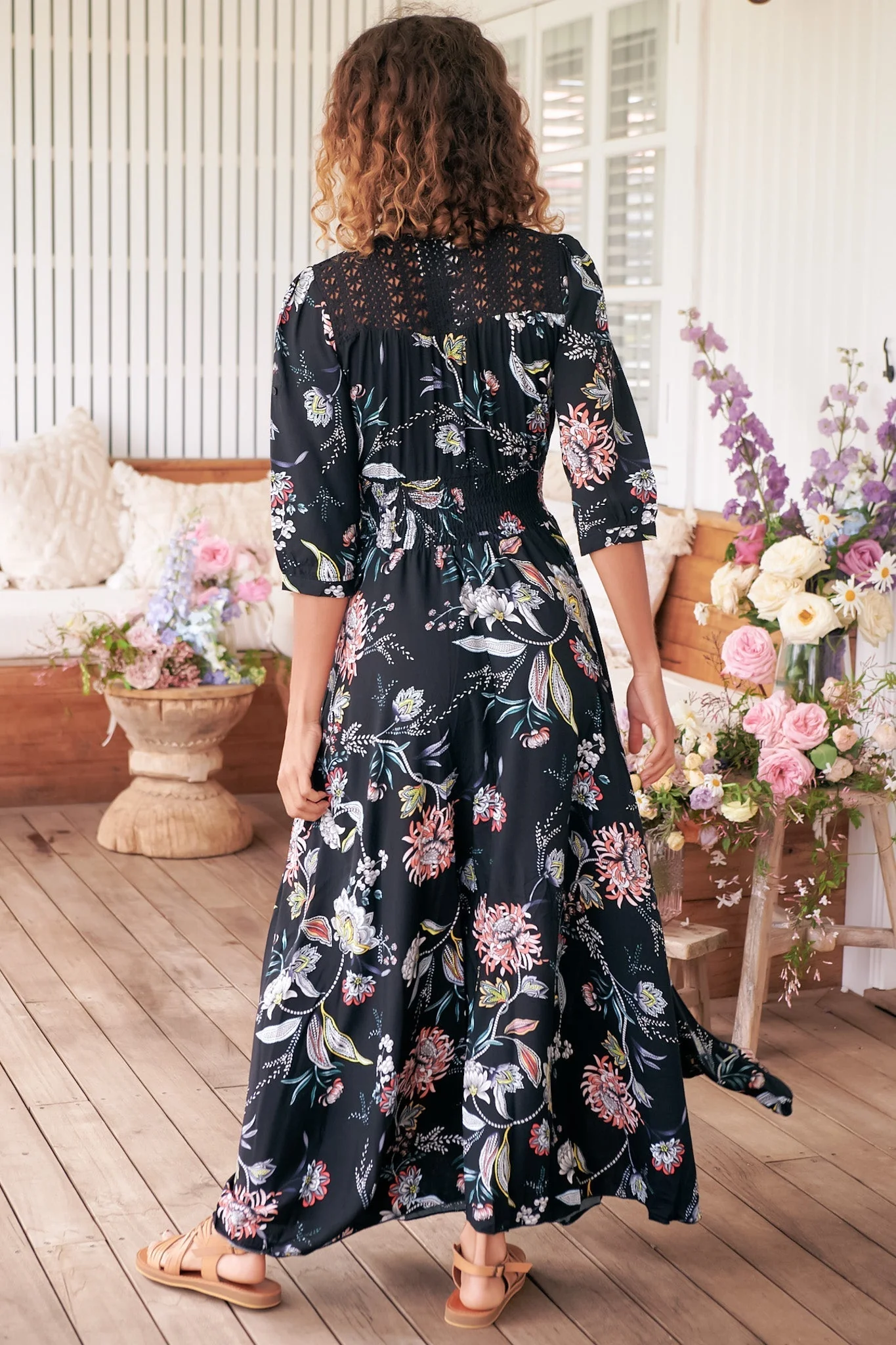 JAASE - Indiana Maxi Dress: Lace Back Shirred Waist A Line Dress with Handkerchief Hemline in Under The Stars Print - Image 10
