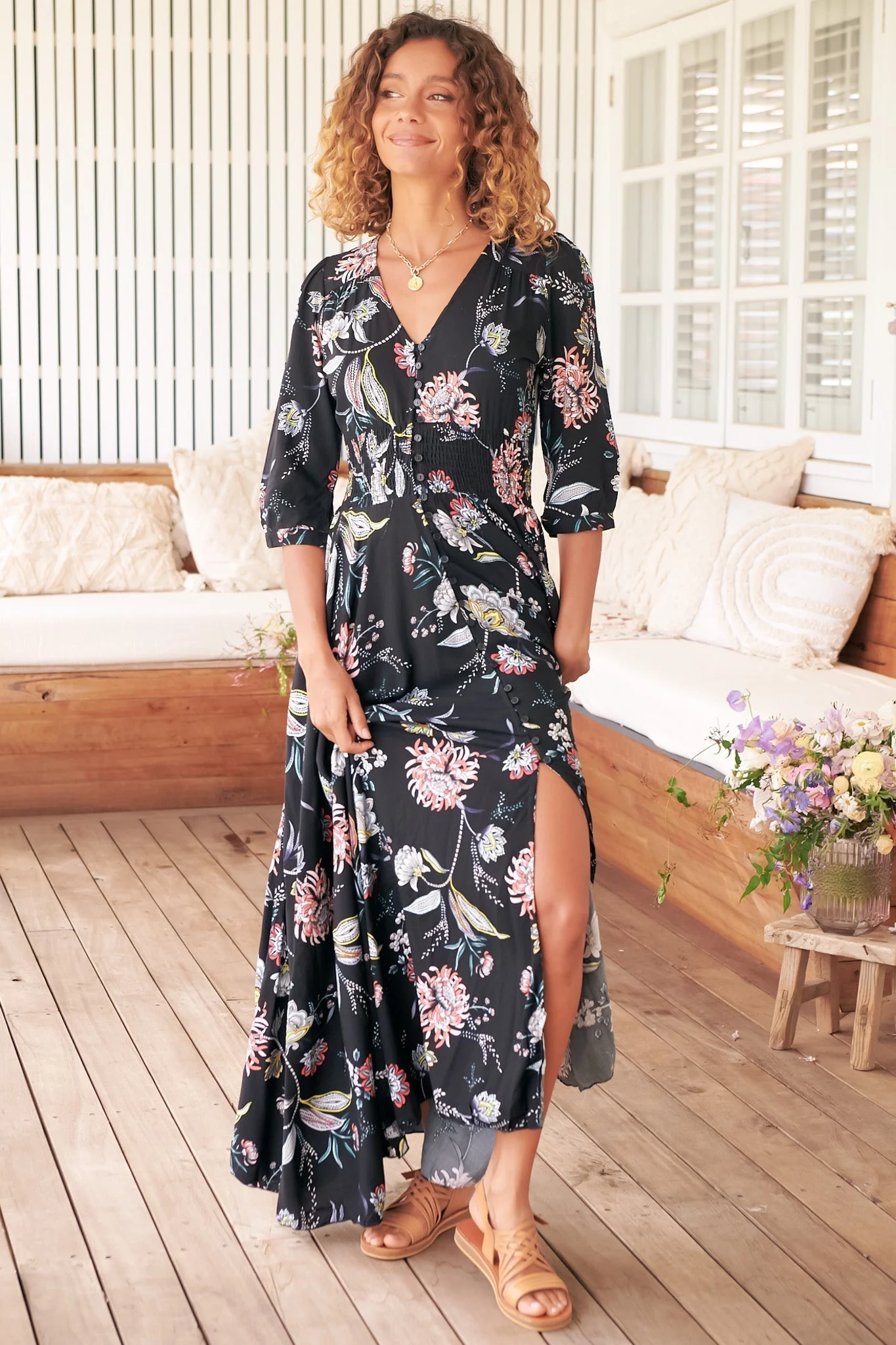 JAASE - Indiana Maxi Dress: Lace Back Shirred Waist A Line Dress with Handkerchief Hemline in Under The Stars Print - Image 2