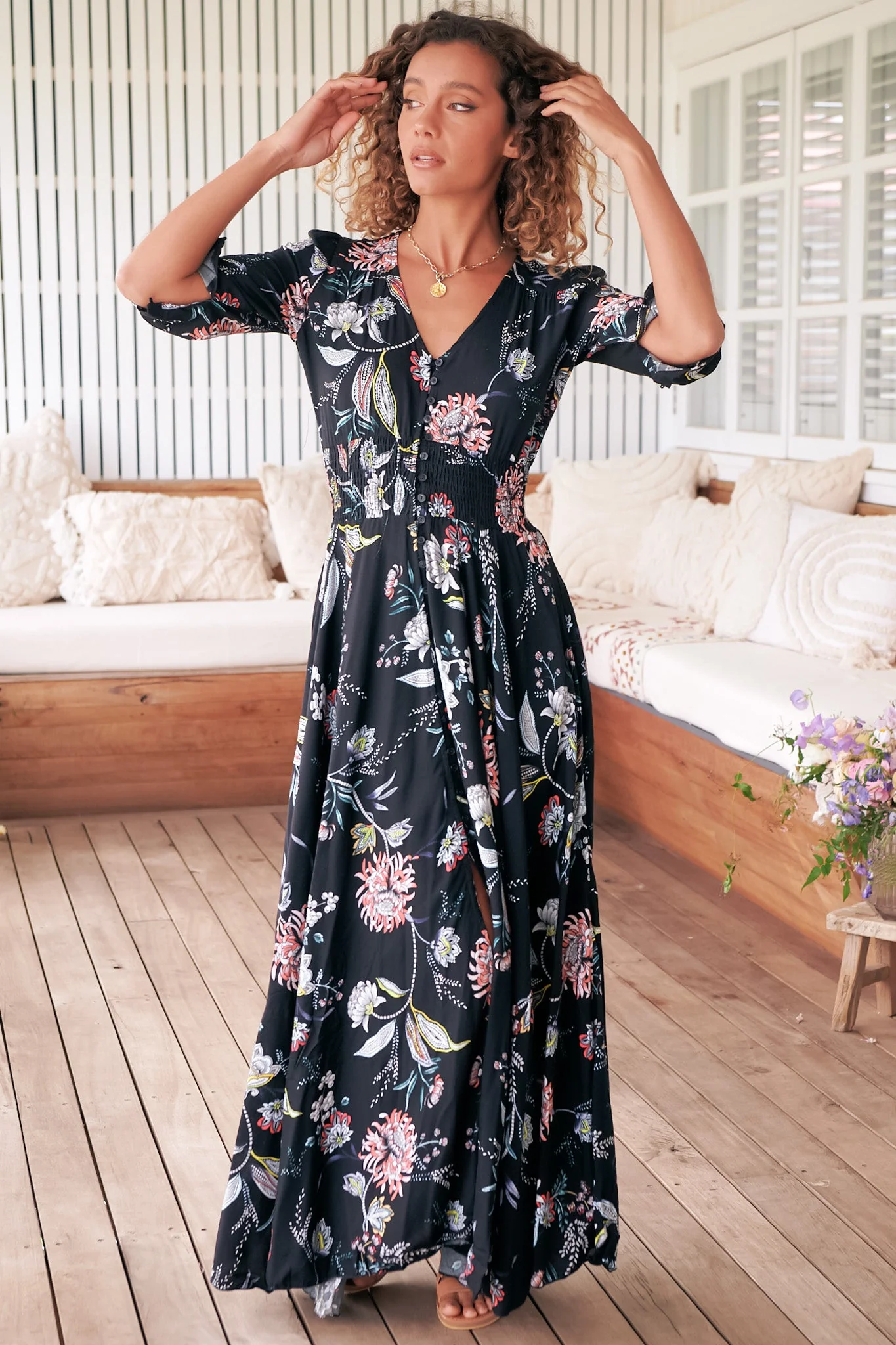JAASE - Indiana Maxi Dress: Lace Back Shirred Waist A Line Dress with Handkerchief Hemline in Under The Stars Print - Image 3