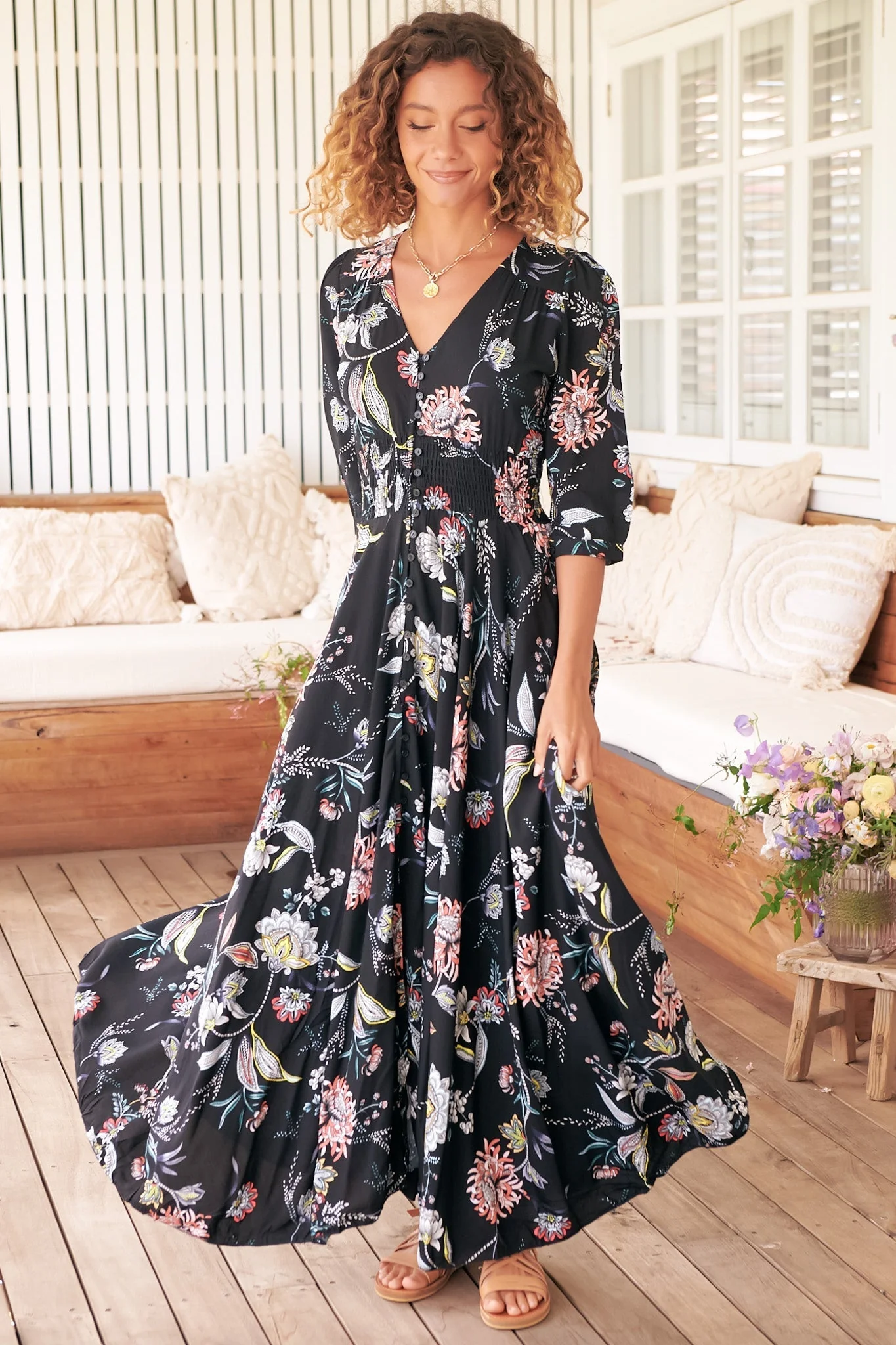 JAASE - Indiana Maxi Dress: Lace Back Shirred Waist A Line Dress with Handkerchief Hemline in Under The Stars Print - Image 4