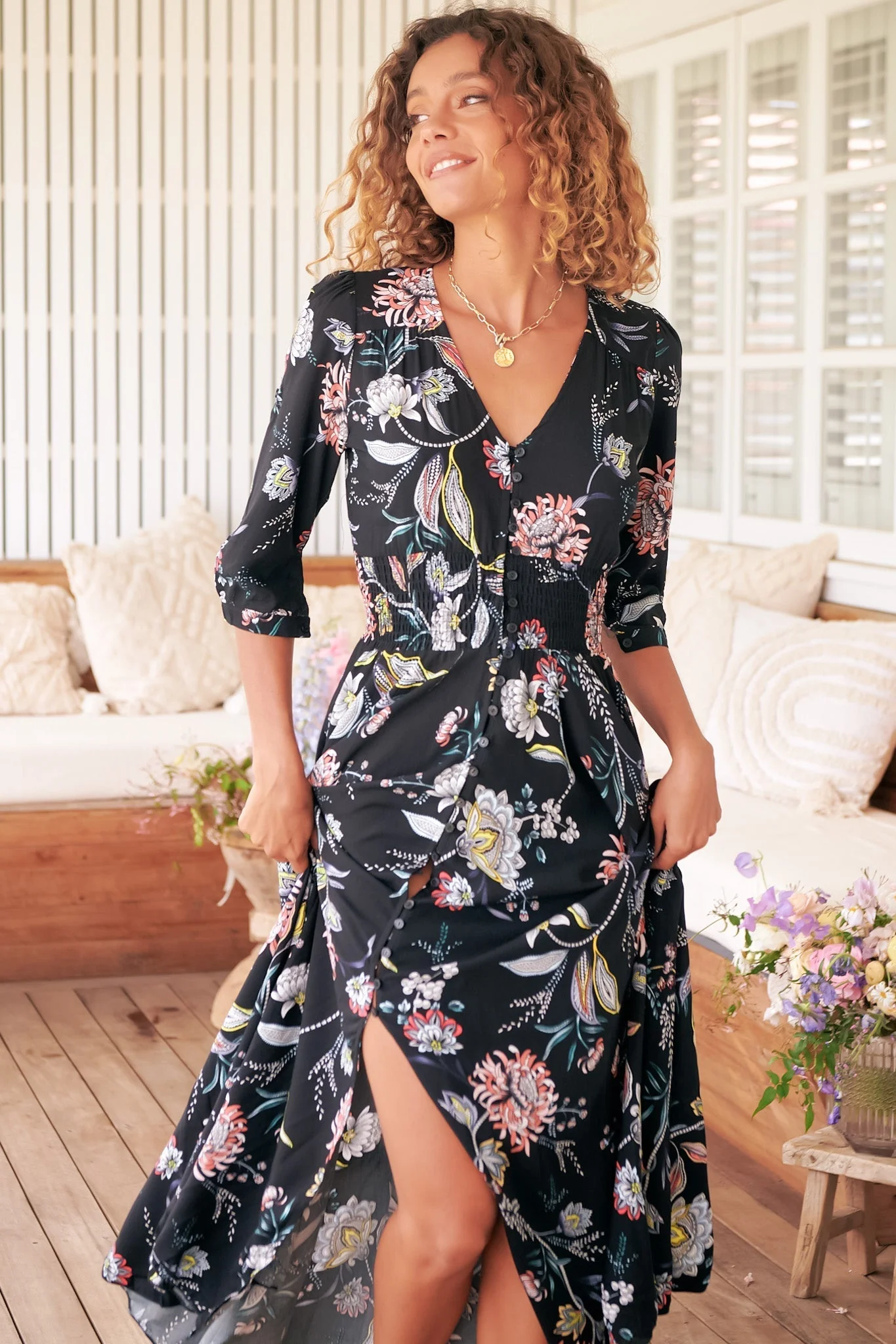 JAASE - Indiana Maxi Dress: Lace Back Shirred Waist A Line Dress with Handkerchief Hemline in Under The Stars Print - Image 5