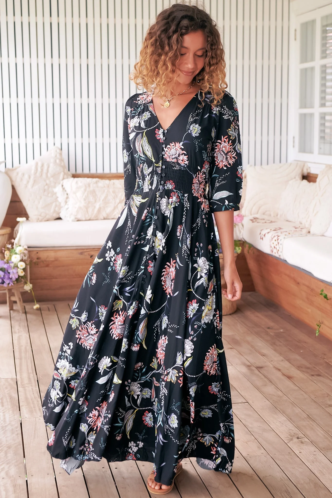 JAASE - Indiana Maxi Dress: Lace Back Shirred Waist A Line Dress with Handkerchief Hemline in Under The Stars Print - Image 6