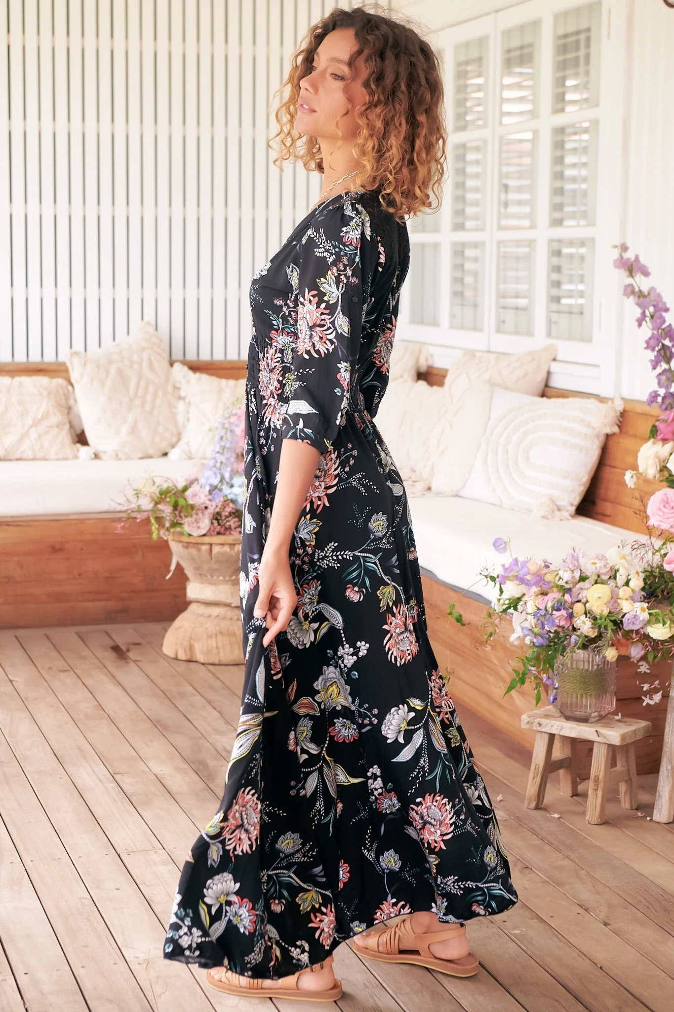JAASE - Indiana Maxi Dress: Lace Back Shirred Waist A Line Dress with Handkerchief Hemline in Under The Stars Print - Image 9
