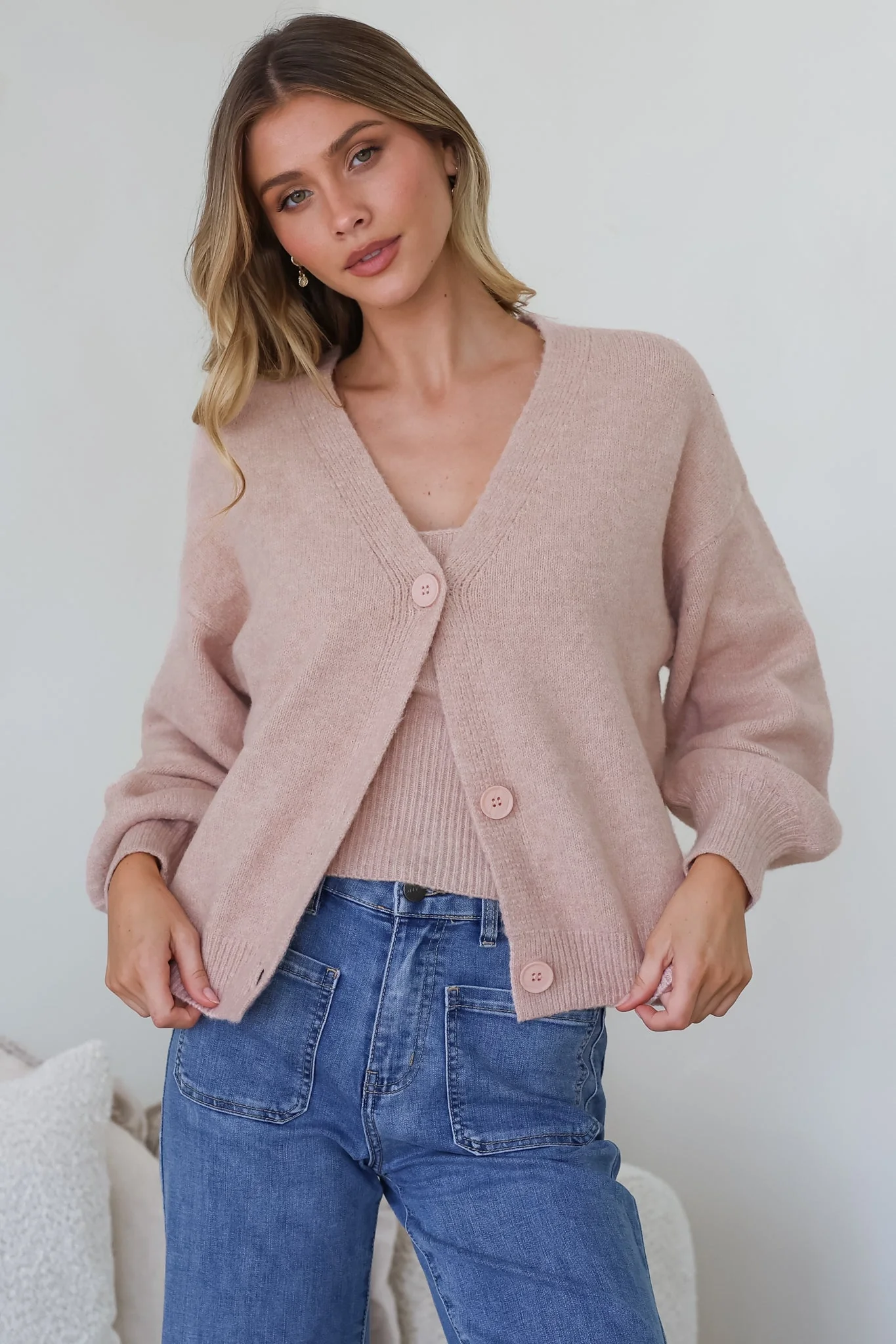 Indie Cardigan Set - Knit Top and Button Down Cardigan Set in Blush - Image 2