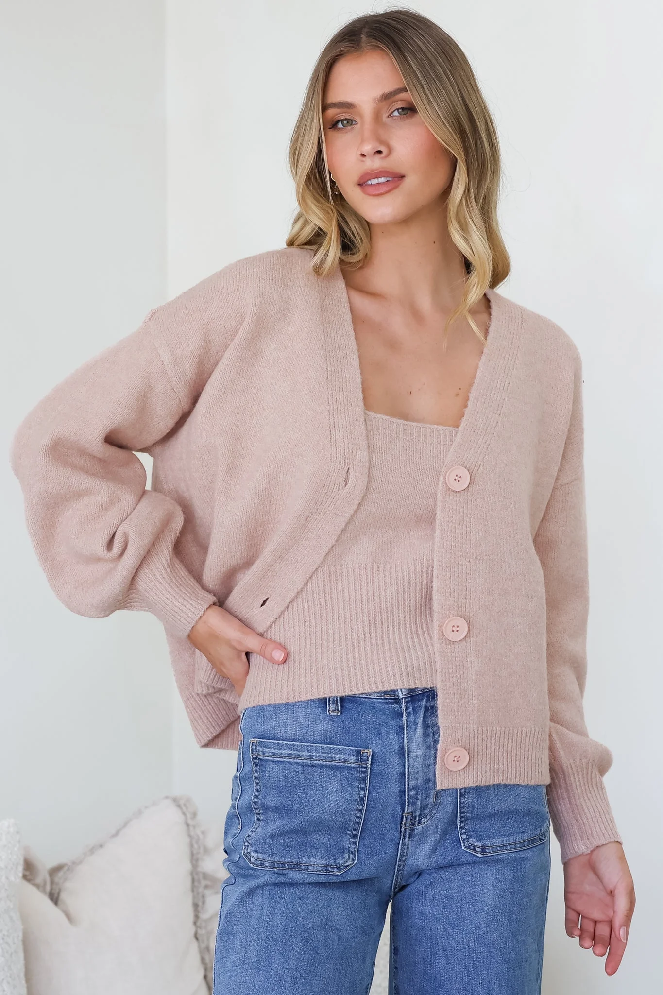 Indie Cardigan Set - Knit Top and Button Down Cardigan Set in Blush - Image 3