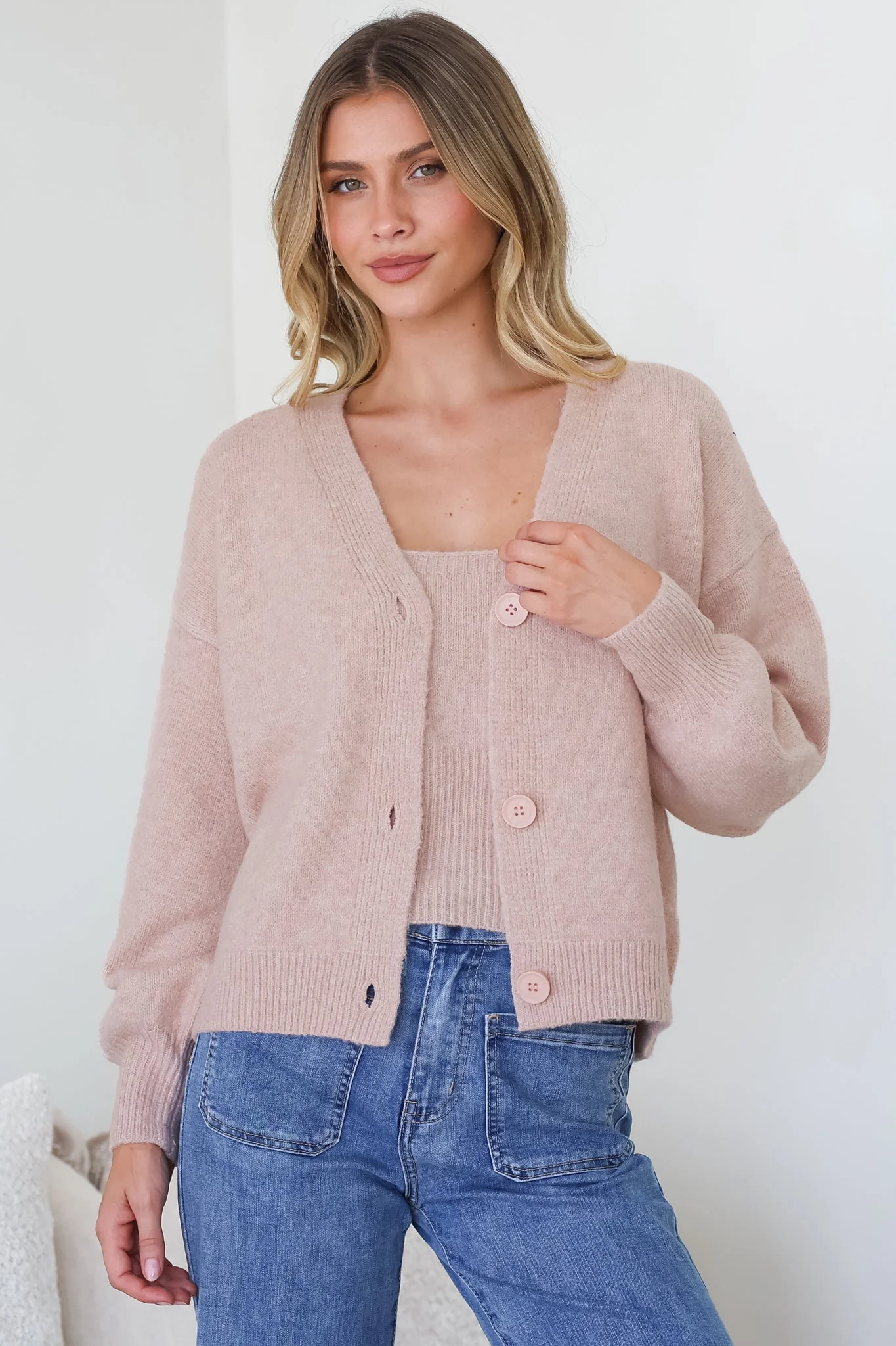 Indie Cardigan Set - Knit Top and Button Down Cardigan Set in Blush - Image 5