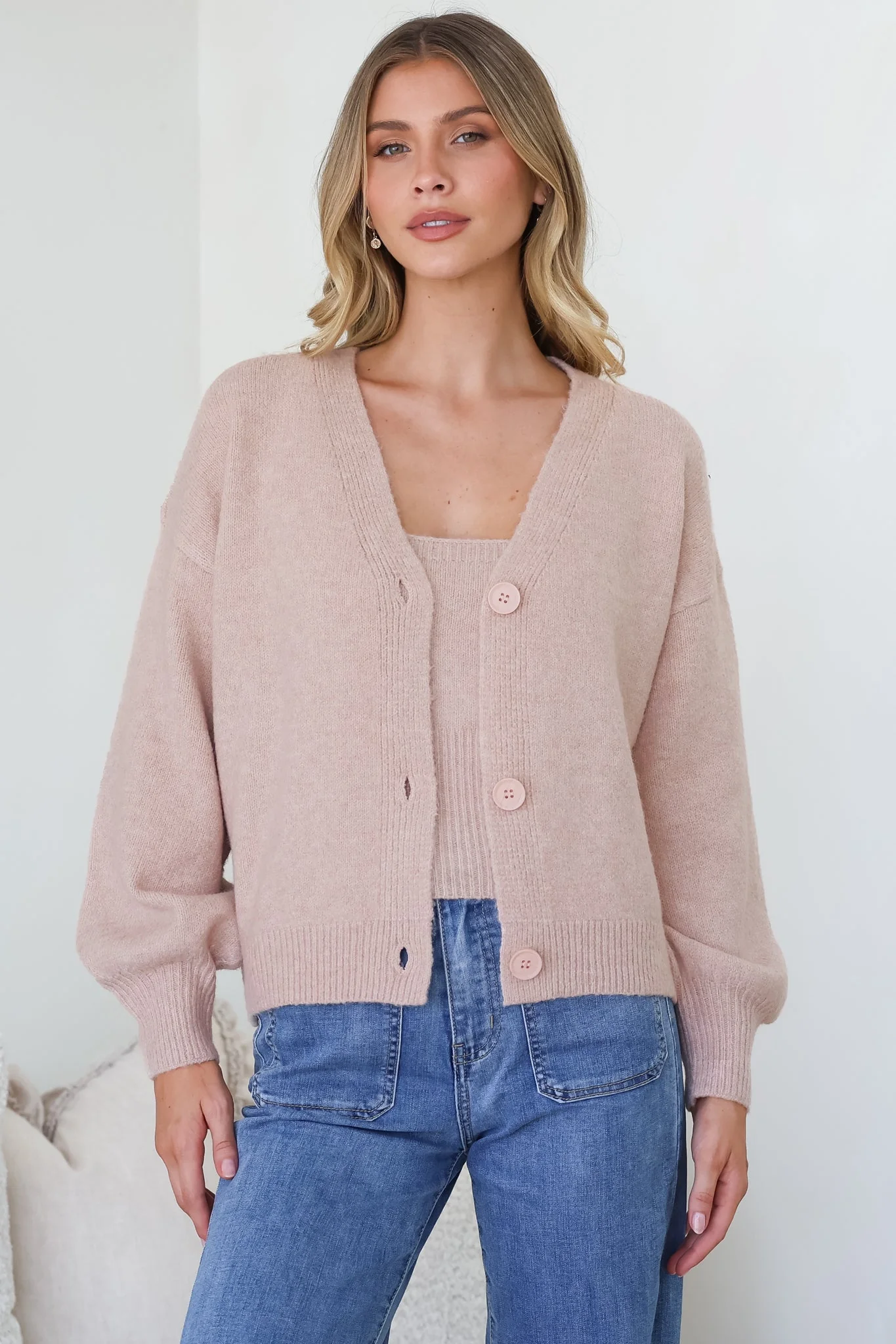 Indie Cardigan Set - Knit Top and Button Down Cardigan Set in Blush - Image 6