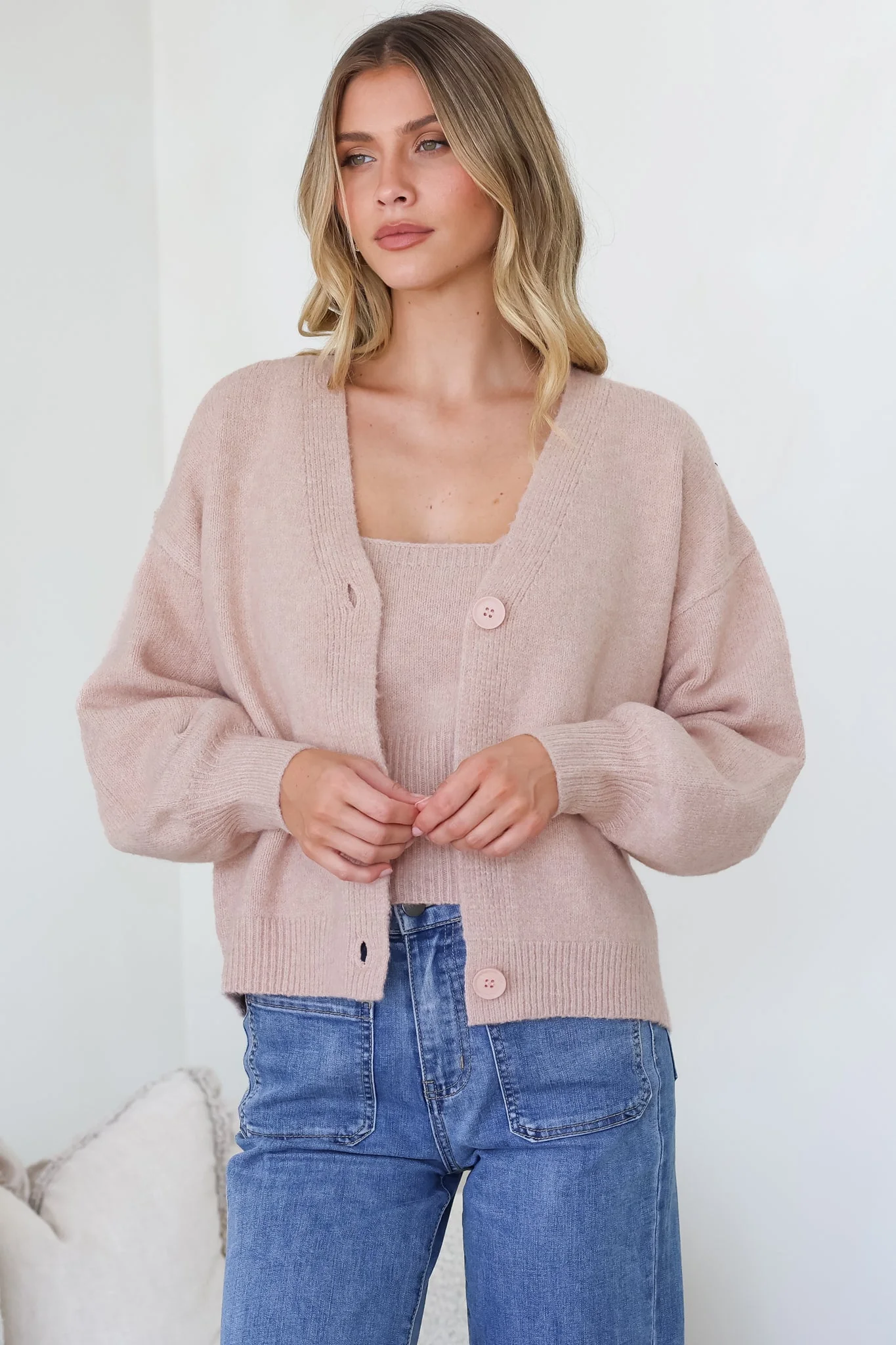 Indie Cardigan Set - Knit Top and Button Down Cardigan Set in Blush - Image 7