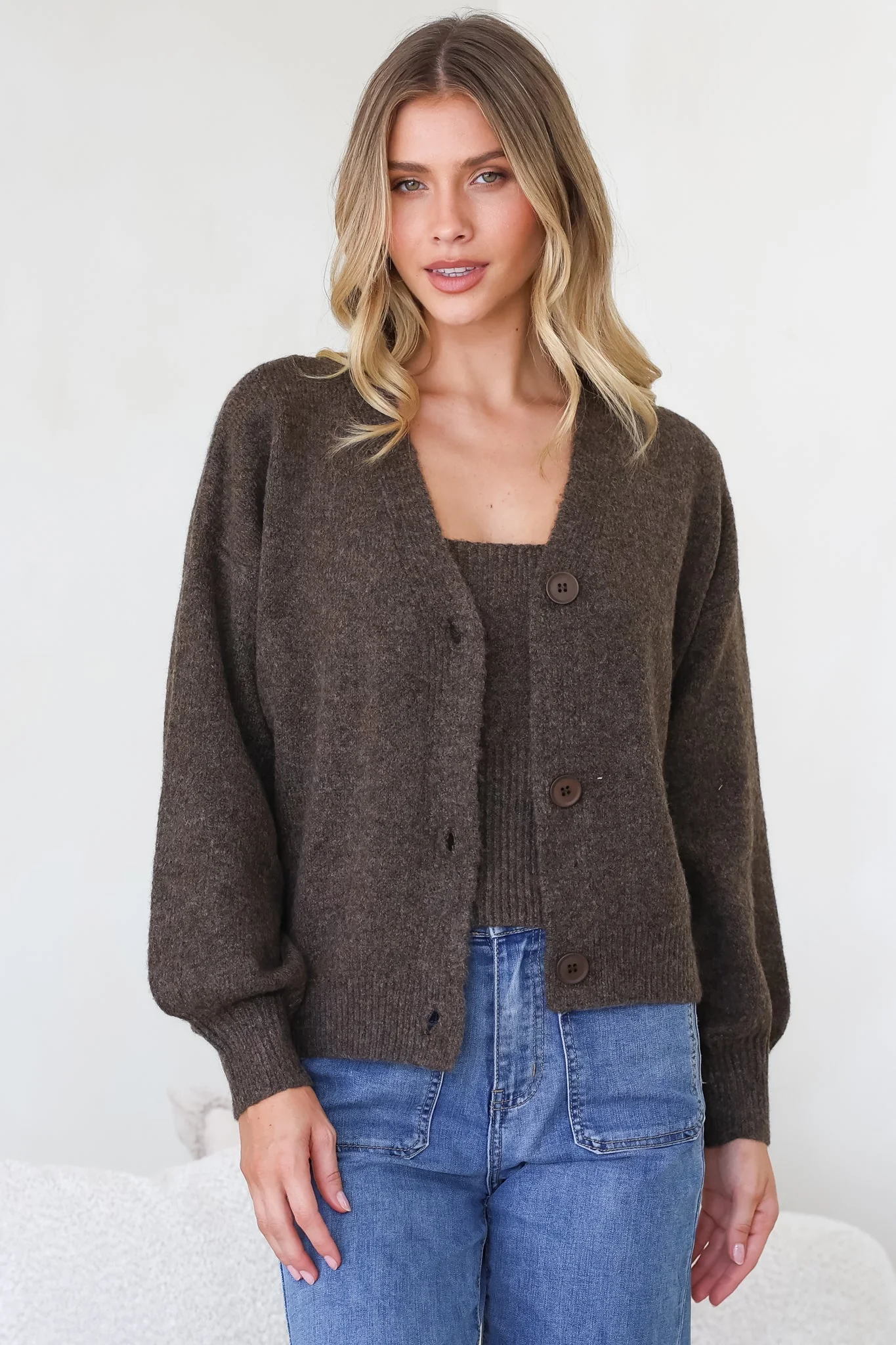 Indie Cardigan Set - Knit Top and Button Down Cardigan Set in Chocolate - Image 2
