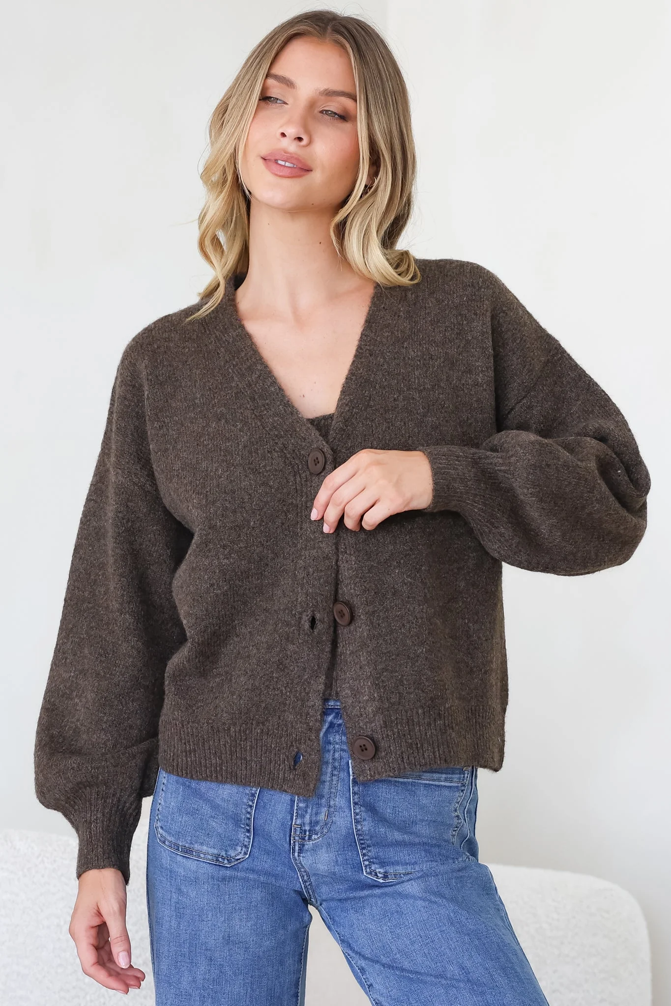 Indie Cardigan Set - Knit Top and Button Down Cardigan Set in Chocolate - Image 3