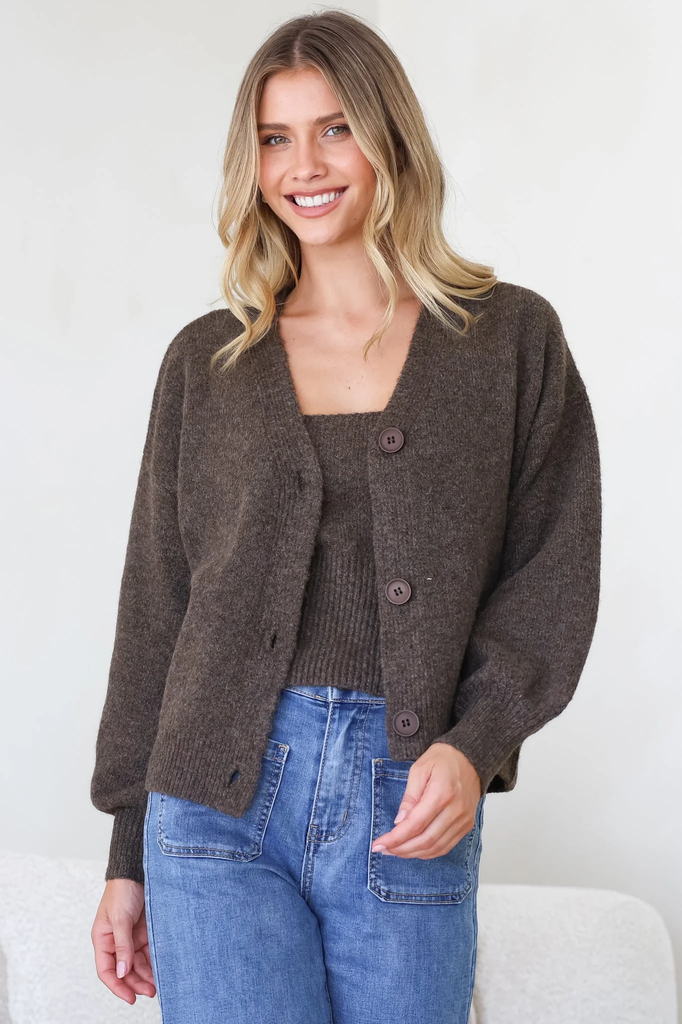 Indie Cardigan Set - Knit Top and Button Down Cardigan Set in Chocolate - Image 4