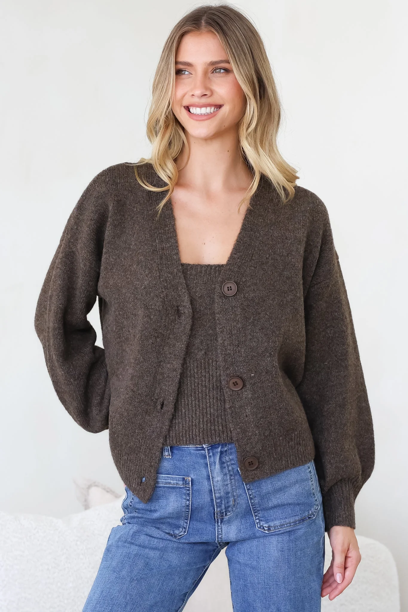 Indie Cardigan Set - Knit Top and Button Down Cardigan Set in Chocolate - Image 5