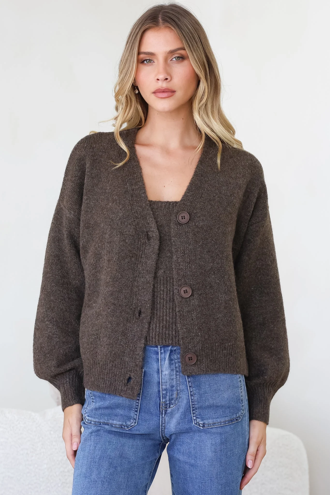 Indie Cardigan Set - Knit Top and Button Down Cardigan Set in Chocolate - Image 6