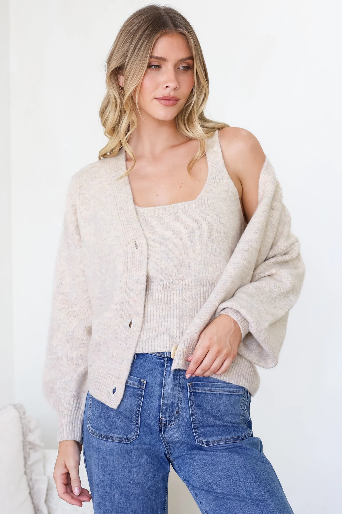 Indie Cardigan Set - Knit Top and Button Down Cardigan Set in Oatmeal - Image 2