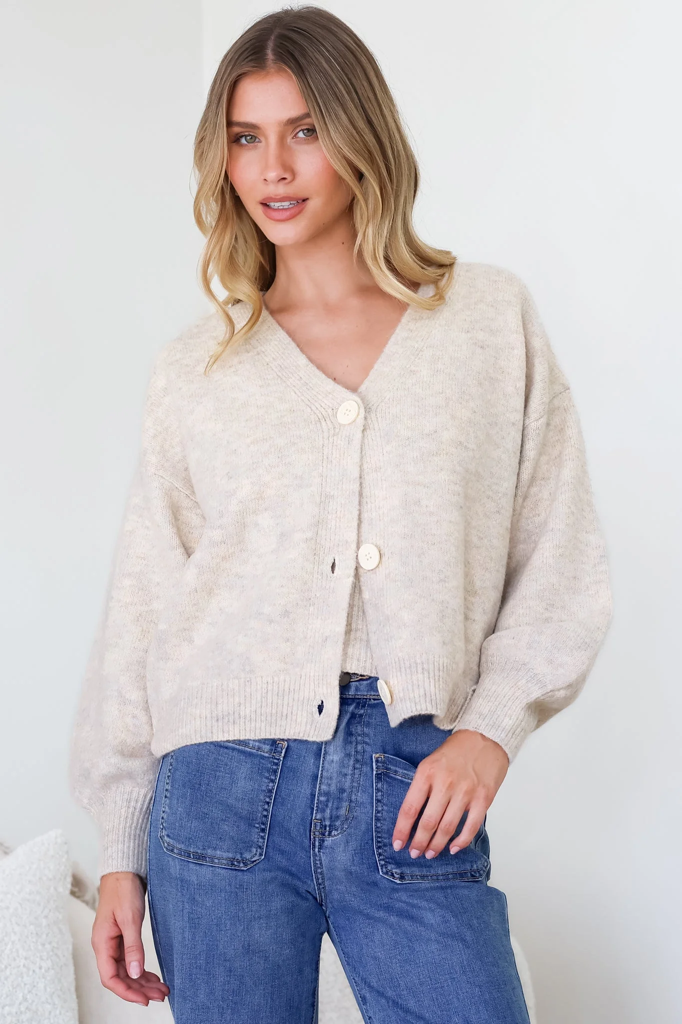Indie Cardigan Set - Knit Top and Button Down Cardigan Set in Oatmeal - Image 3