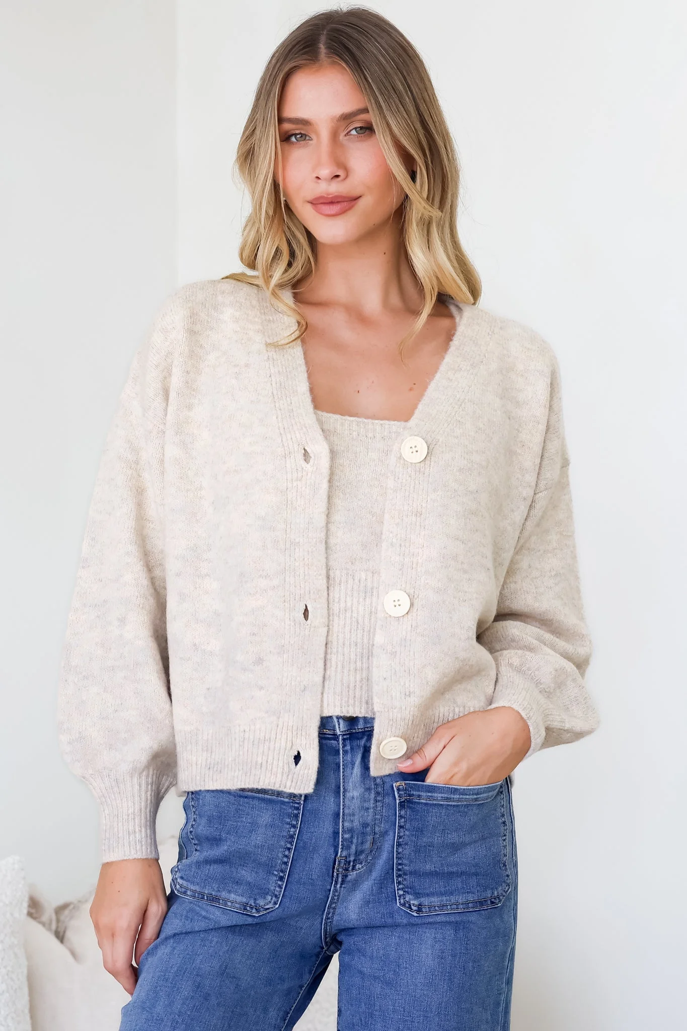 Indie Cardigan Set - Knit Top and Button Down Cardigan Set in Oatmeal - Image 4