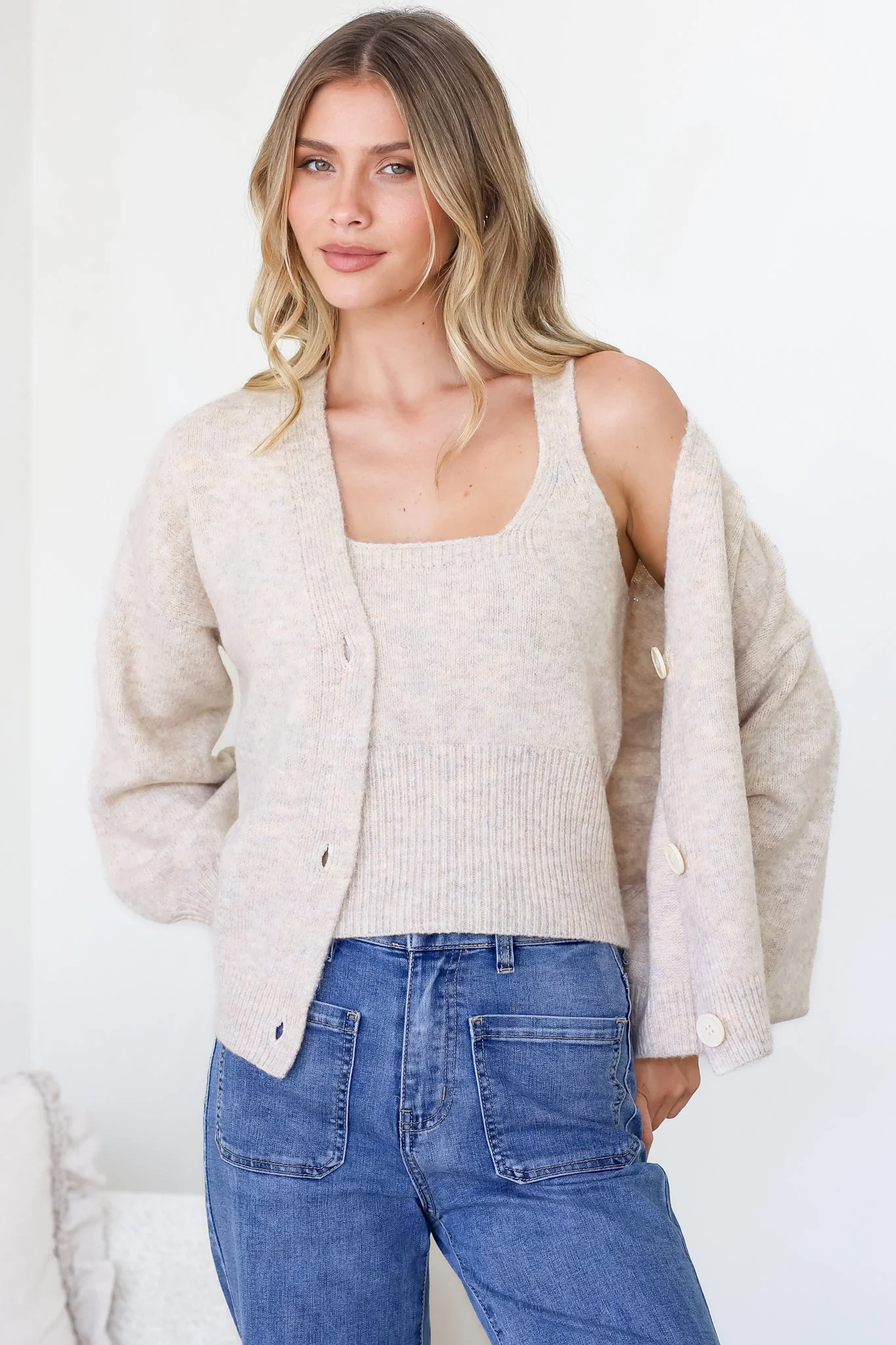 Indie Cardigan Set - Knit Top and Button Down Cardigan Set in Oatmeal - Image 5
