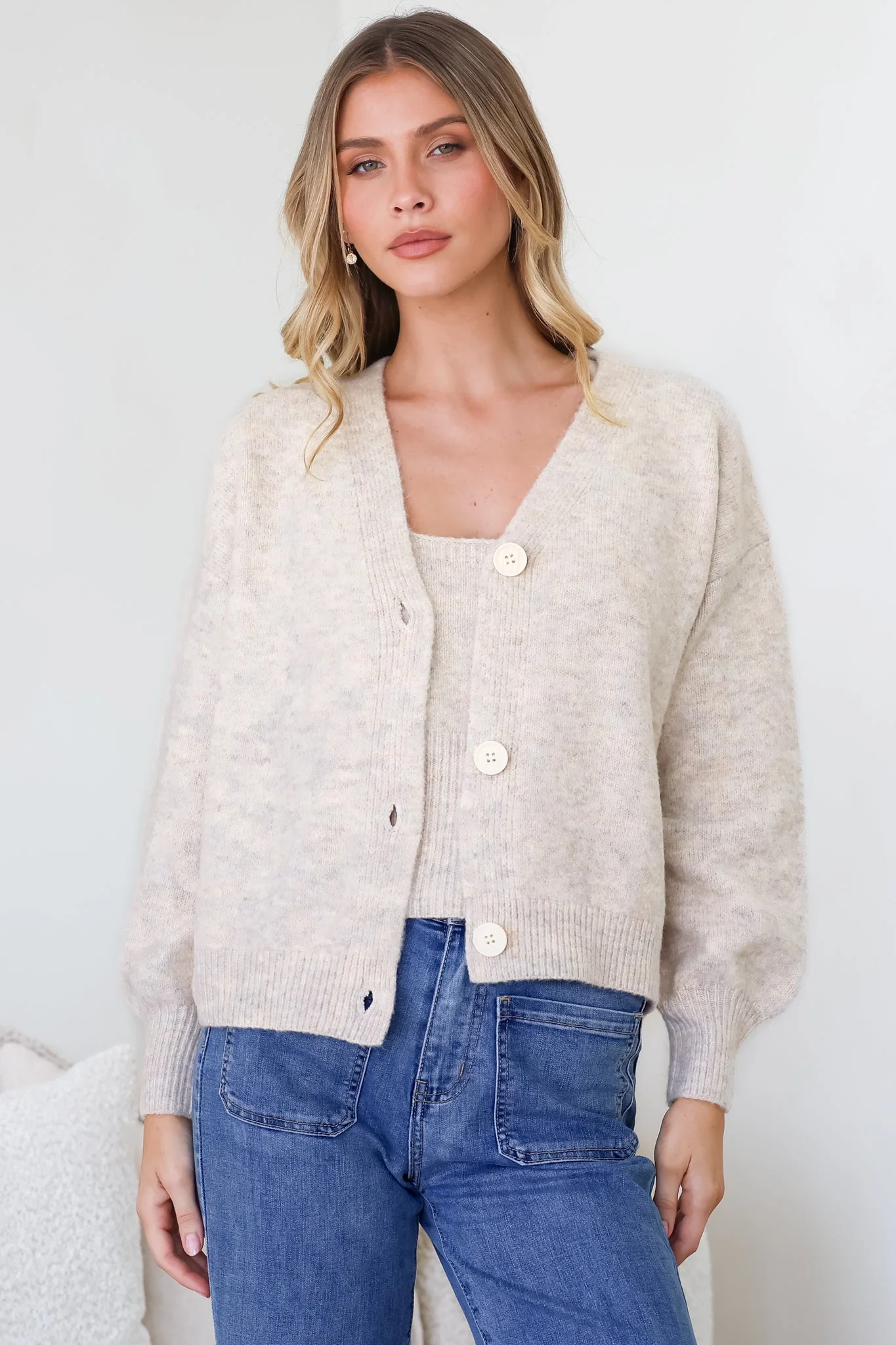 Indie Cardigan Set - Knit Top and Button Down Cardigan Set in Oatmeal - Image 6