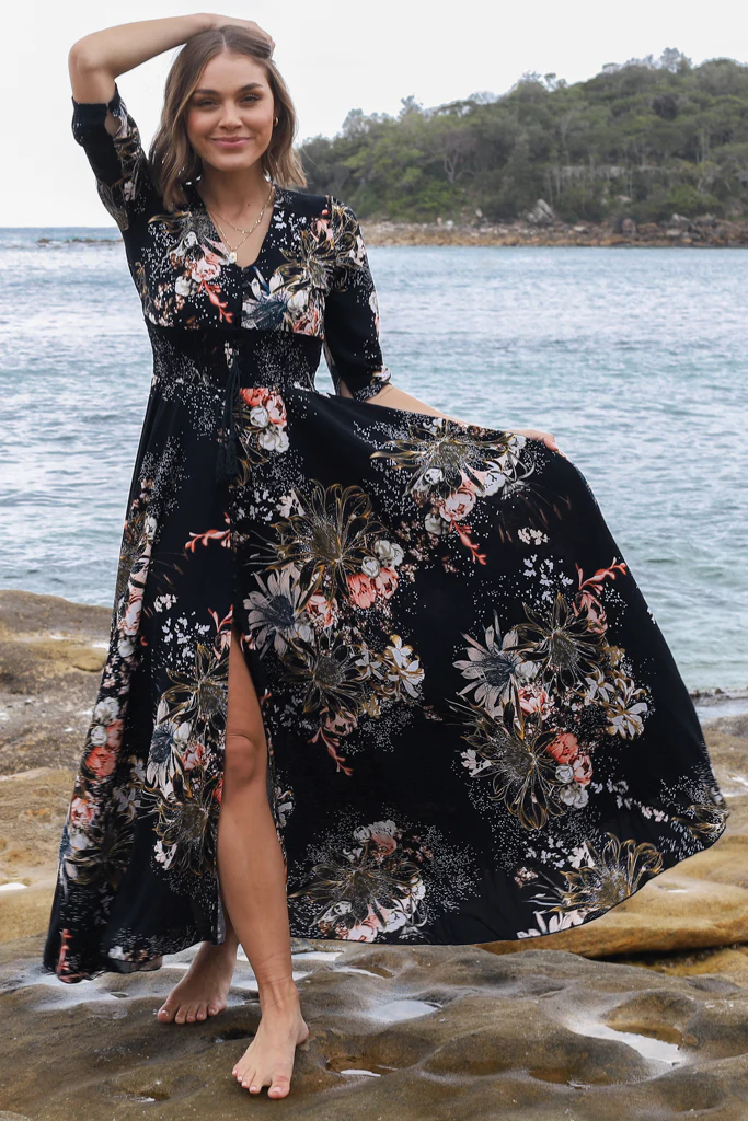 JAASE - Indiana Maxi Dress: Lace Back Shirred Waist A Line Dress with Handkerchief Hemline in Indigo Print - Image 11