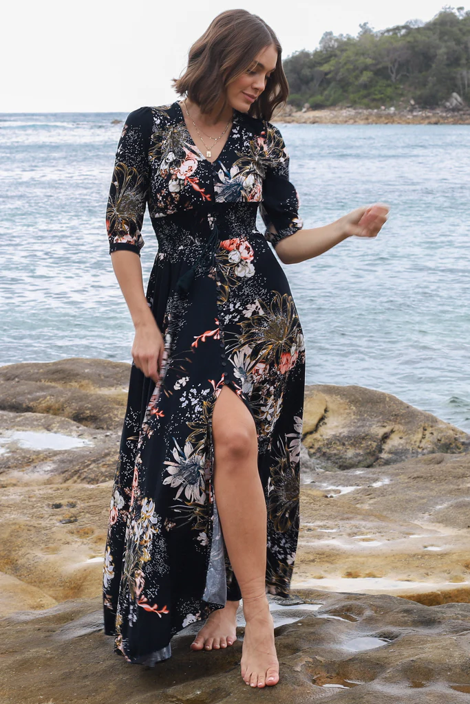 JAASE - Indiana Maxi Dress: Lace Back Shirred Waist A Line Dress with Handkerchief Hemline in Indigo Print - Image 13
