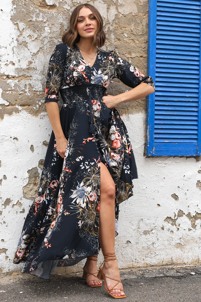 JAASE - Indiana Maxi Dress: Lace Back Shirred Waist A Line Dress with Handkerchief Hemline in Indigo Print - Image 14