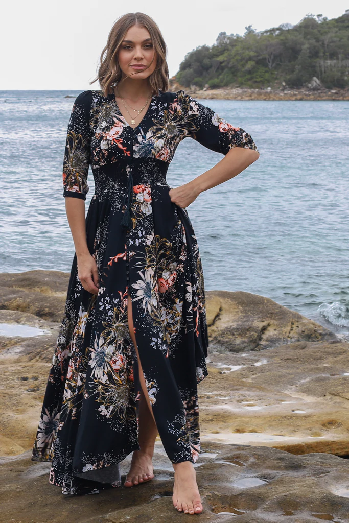JAASE - Indiana Maxi Dress: Lace Back Shirred Waist A Line Dress with Handkerchief Hemline in Indigo Print - Image 15