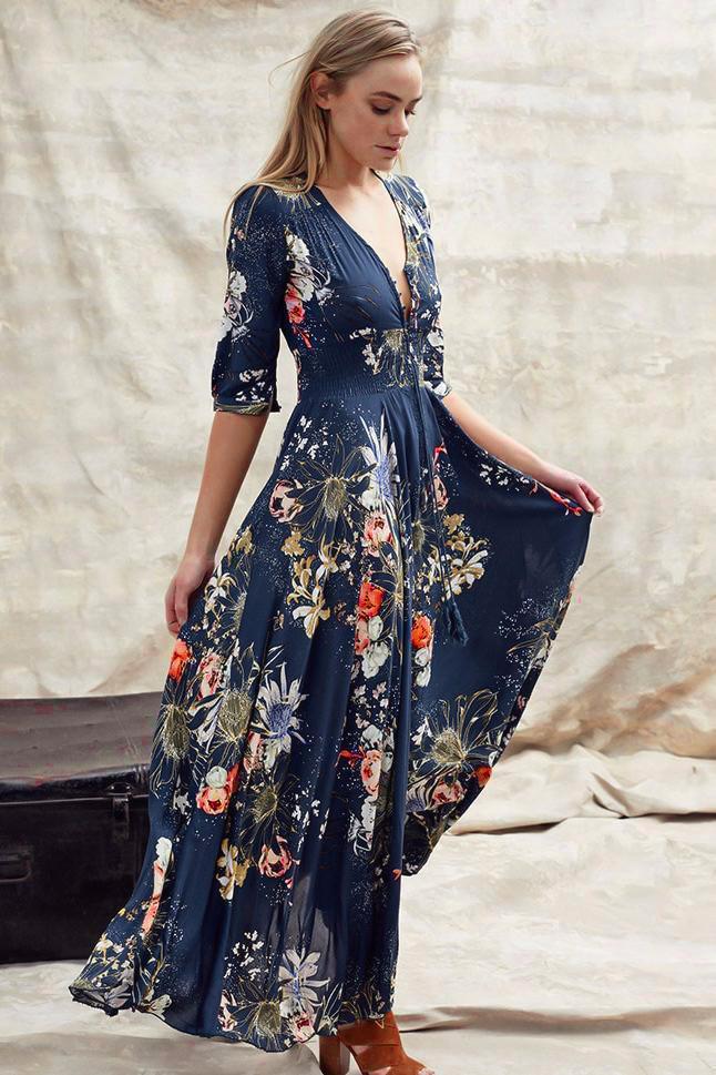 JAASE - Indiana Maxi Dress: Lace Back Shirred Waist A Line Dress with Handkerchief Hemline in Indigo Print - Image 18