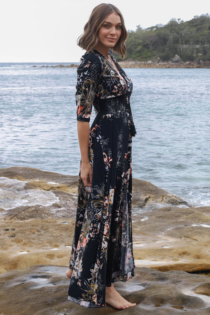 JAASE - Indiana Maxi Dress: Lace Back Shirred Waist A Line Dress with Handkerchief Hemline in Indigo Print - Image 19