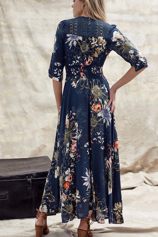 JAASE - Indiana Maxi Dress: Lace Back Shirred Waist A Line Dress with Handkerchief Hemline in Indigo Print - Image 20