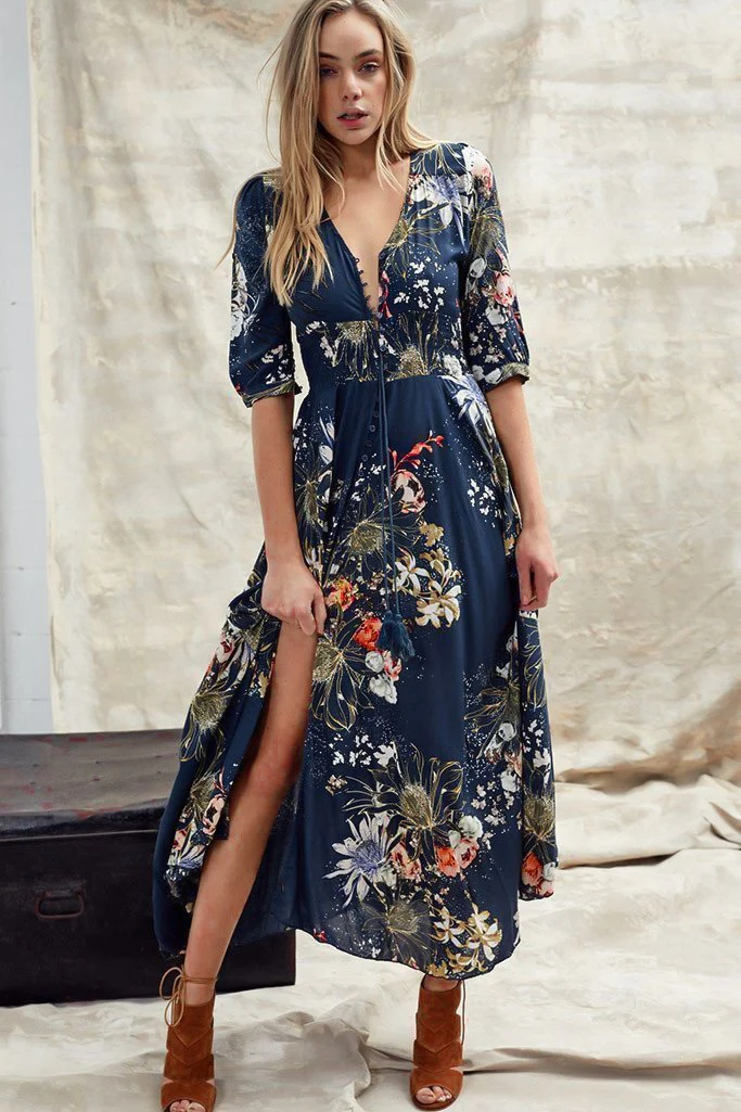 JAASE - Indiana Maxi Dress: Lace Back Shirred Waist A Line Dress with Handkerchief Hemline in Indigo Print - Image 4