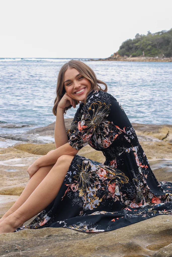 JAASE - Indiana Maxi Dress: Lace Back Shirred Waist A Line Dress with Handkerchief Hemline in Indigo Print - Image 7